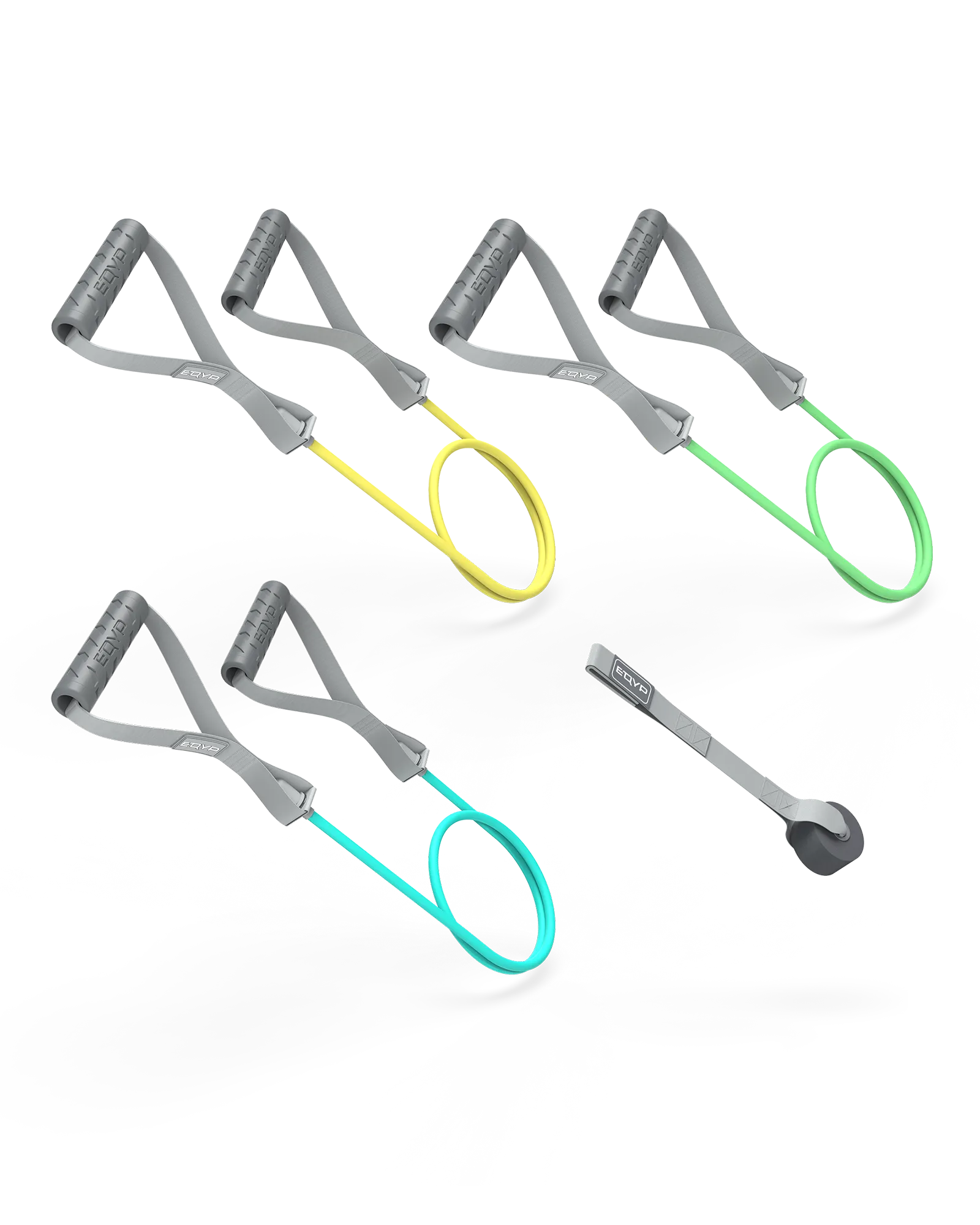 EQYP Power Tubes with Handles 3-Pack showing three resistance tubes in yellow, green, and teal with gray handles and a door anchor accessory