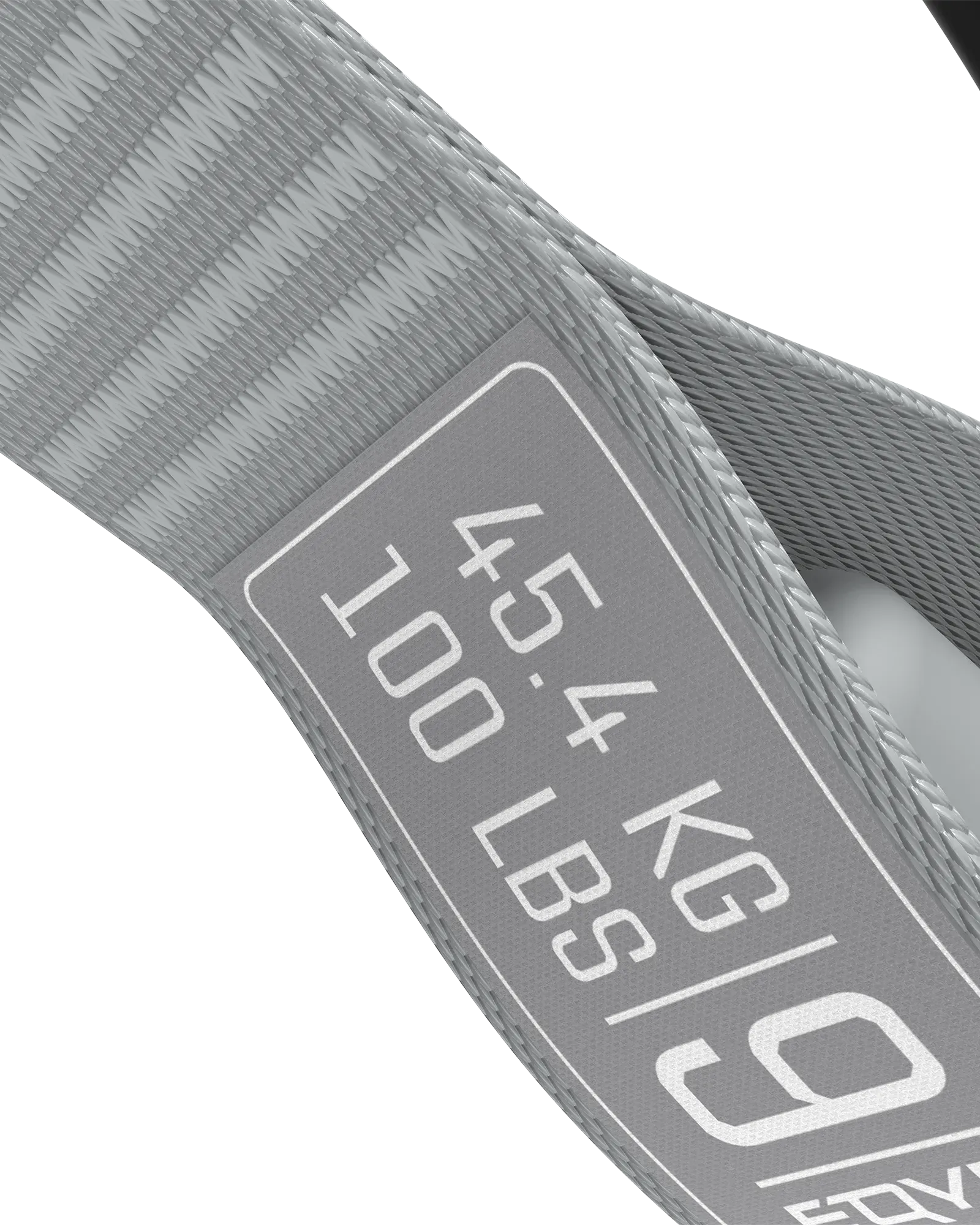 EQYP Power Tube close-up showing woven gray strap texture and label detail reading 45.4 KG / 100 LBS, Level 9