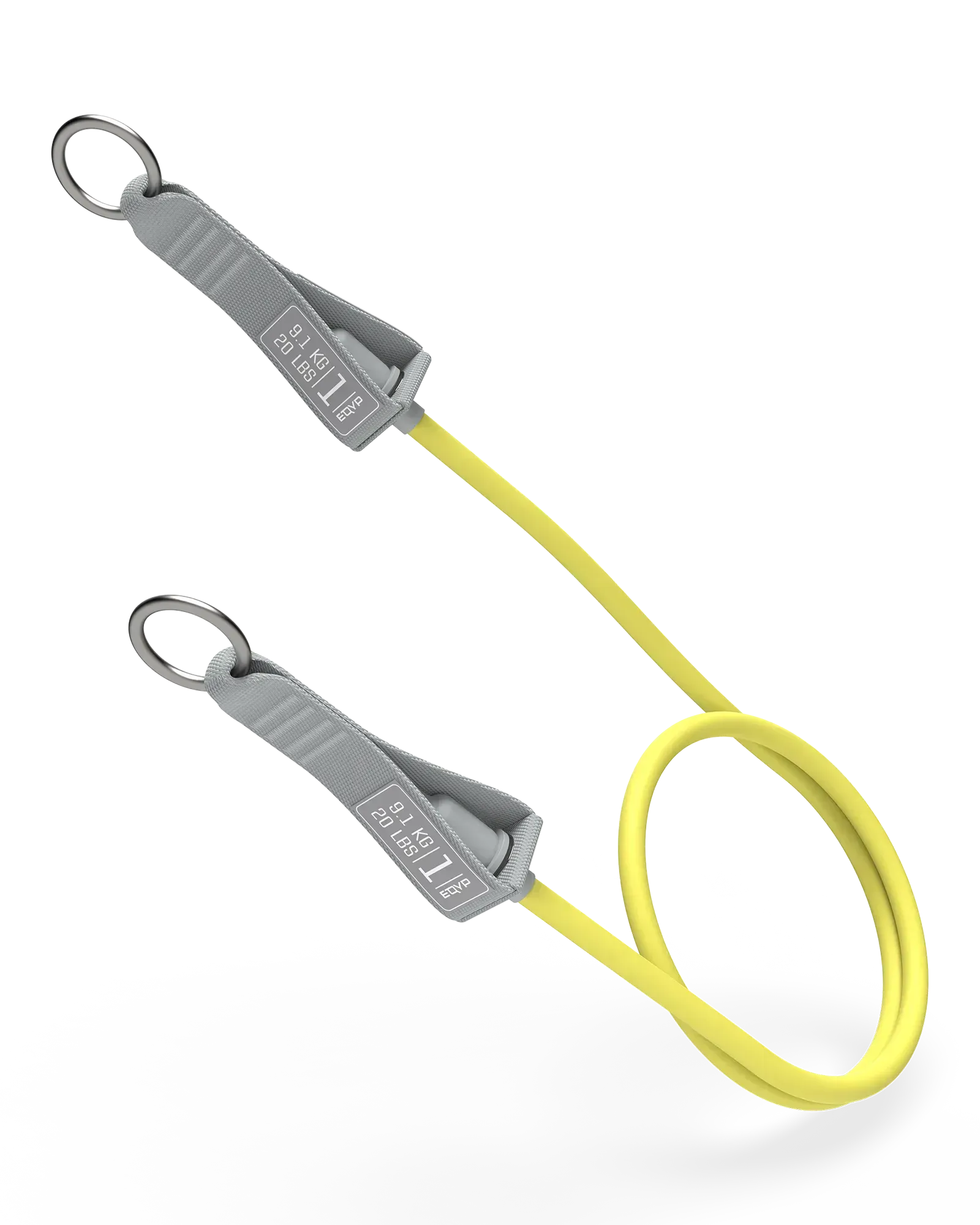 EQYP yellow Power Tube 20 lbs with gray woven connector and stainless steel ring clip, labeled 9.1 KG / 20 LBS, Level 1