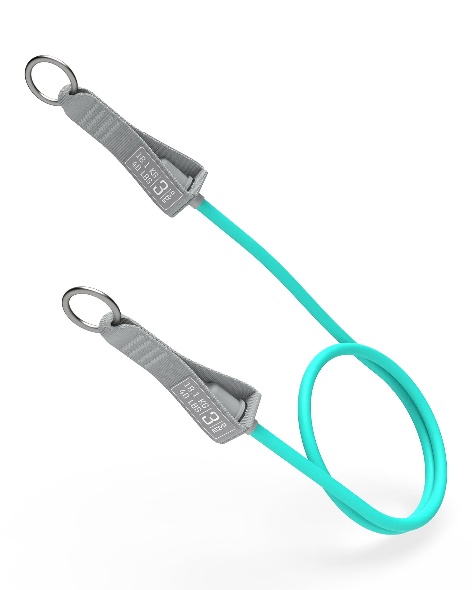 EQYP turqoise Power Tube 40 lbs with gray woven connector and stainless steel ring clip, labeled 18.1 KG / 40 LBS, Level 3