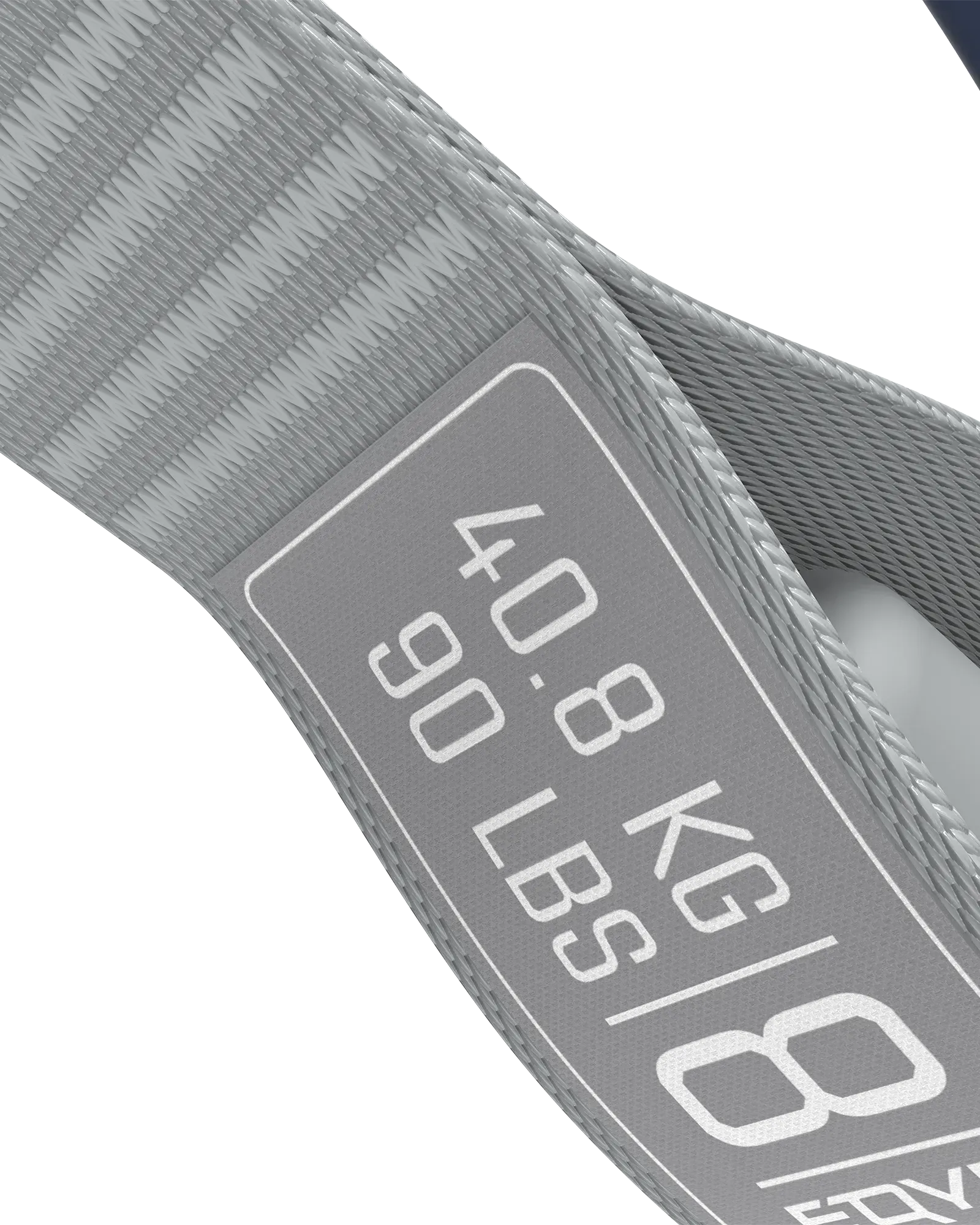 EQYP Power Tube close-up showing woven gray strap texture and label detail reading 40.8 KG / 90 LBS, Level 8