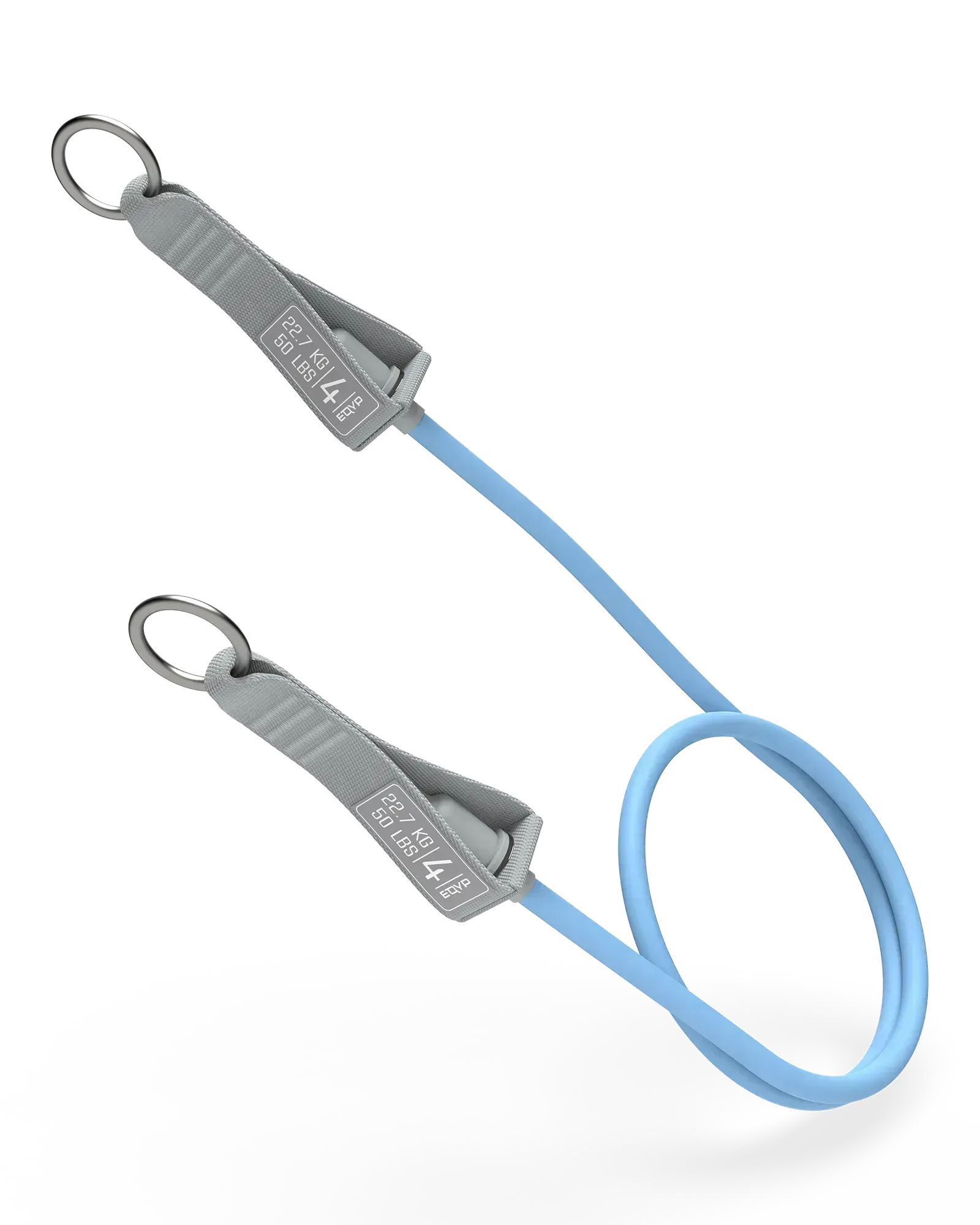 EQYP light blue Power Tube 50 lbs with gray woven connector and stainless steel ring clip, labeled 22.7 KG / 50 LBS, Level 4