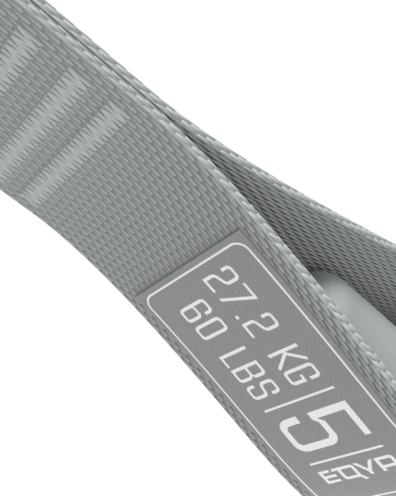 EQYP Power Tube close-up showing woven gray strap texture and label detail reading 27.2 KG / 60 LBS, Level 5
