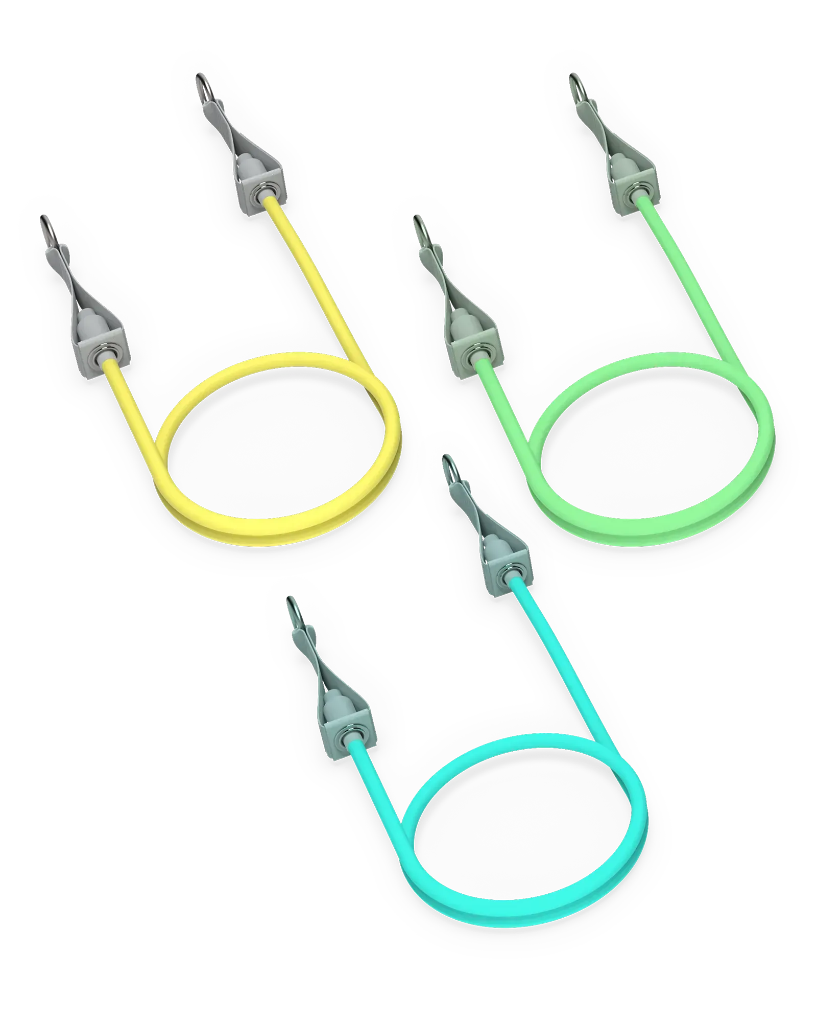 EQYP Power 3 Strength Kit resistance tubes in yellow, green, and teal with carabiner clips
