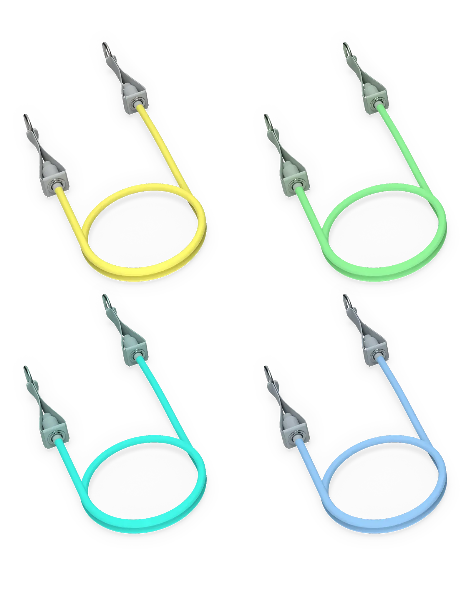 EQYP Power 4 Strength Kit resistance tubes in yellow, green, teal, and blue with carabiner clips