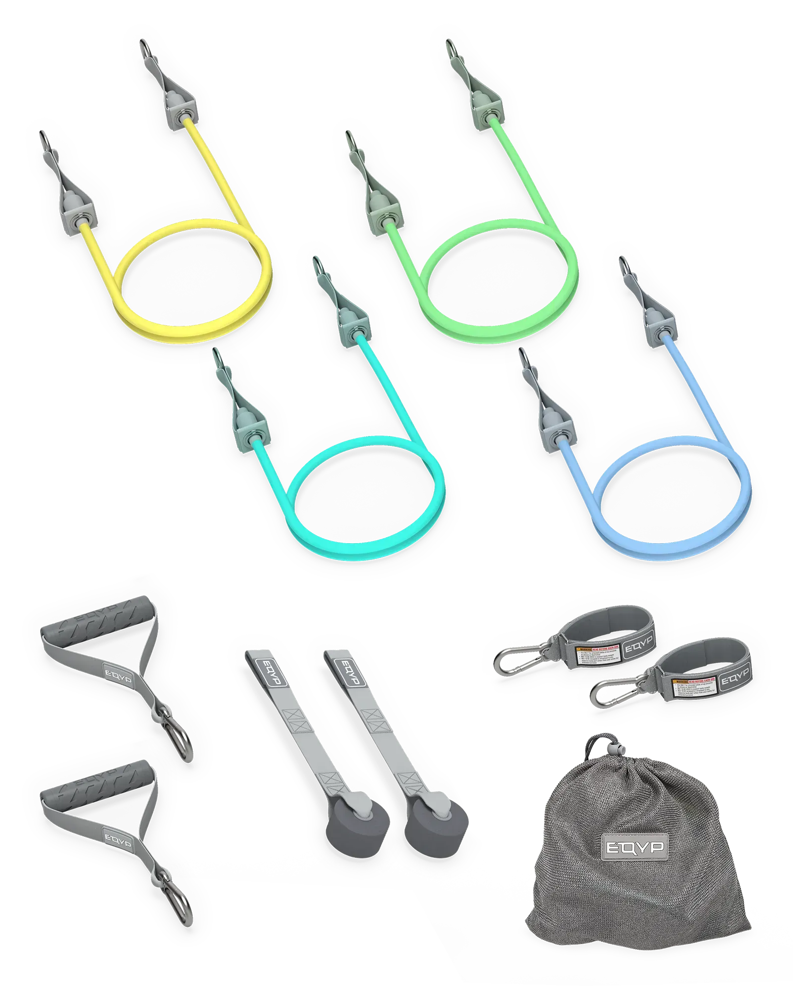 EQYP Power 4 Strength Kit showing four resistance tubes in yellow, green, teal, and blue, handles, two door anchors, ankle straps, and mesh carry bag