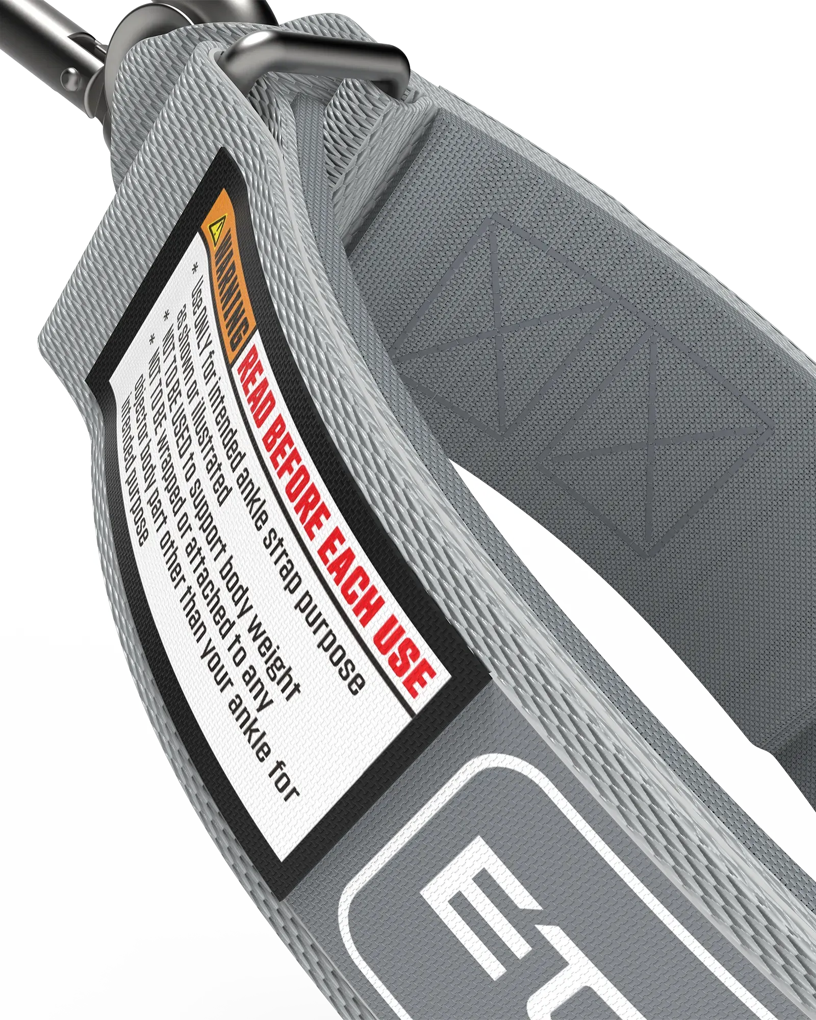 EQYP Power Tubes Ankle Strap close-up showing padded interior, diamond texture, and safety warning label