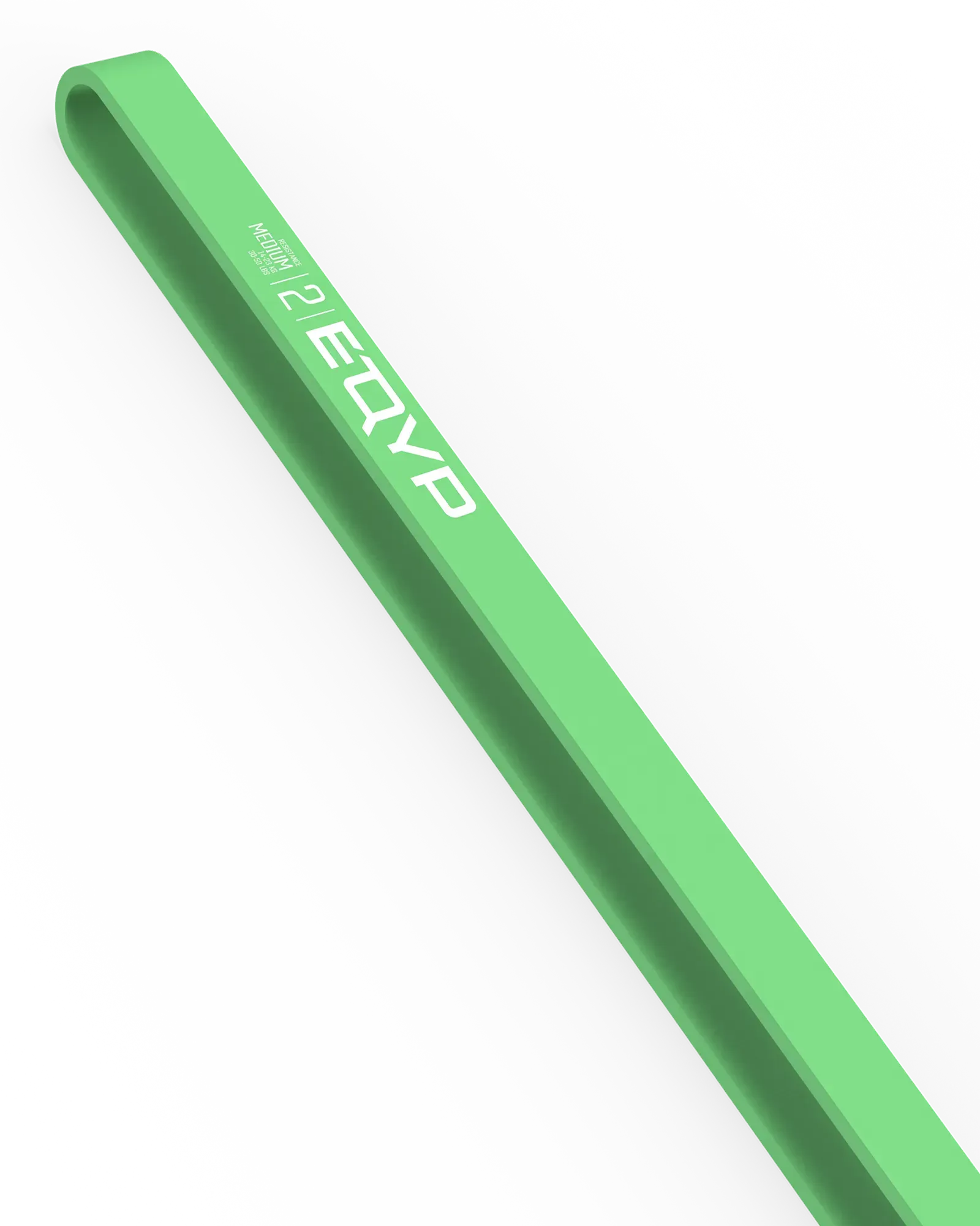 Closeup of EQYP green elastic super band folded flat, labeled Medium, 14–23 KG / 30–50 LBS, Level 2 Super Bands 30-50 lbs resistance exercise loop
