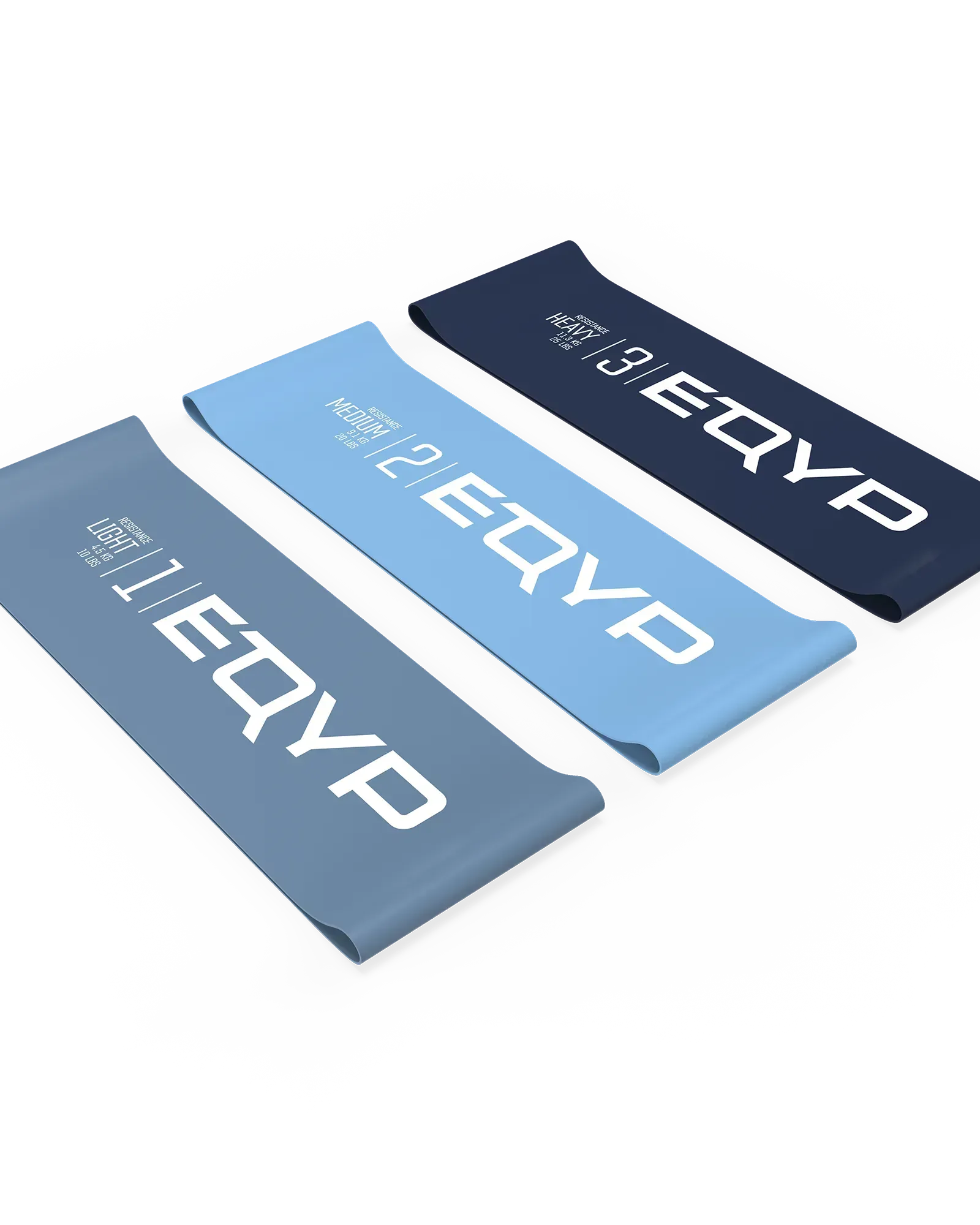 EQYP Ultimate Power Loops 3-Pack showing Light 10 lbs slate blue, Medium 20 lbs light blue, and Heavy 25 lbs navy latex resistance bands labeled 1, 2, and 3