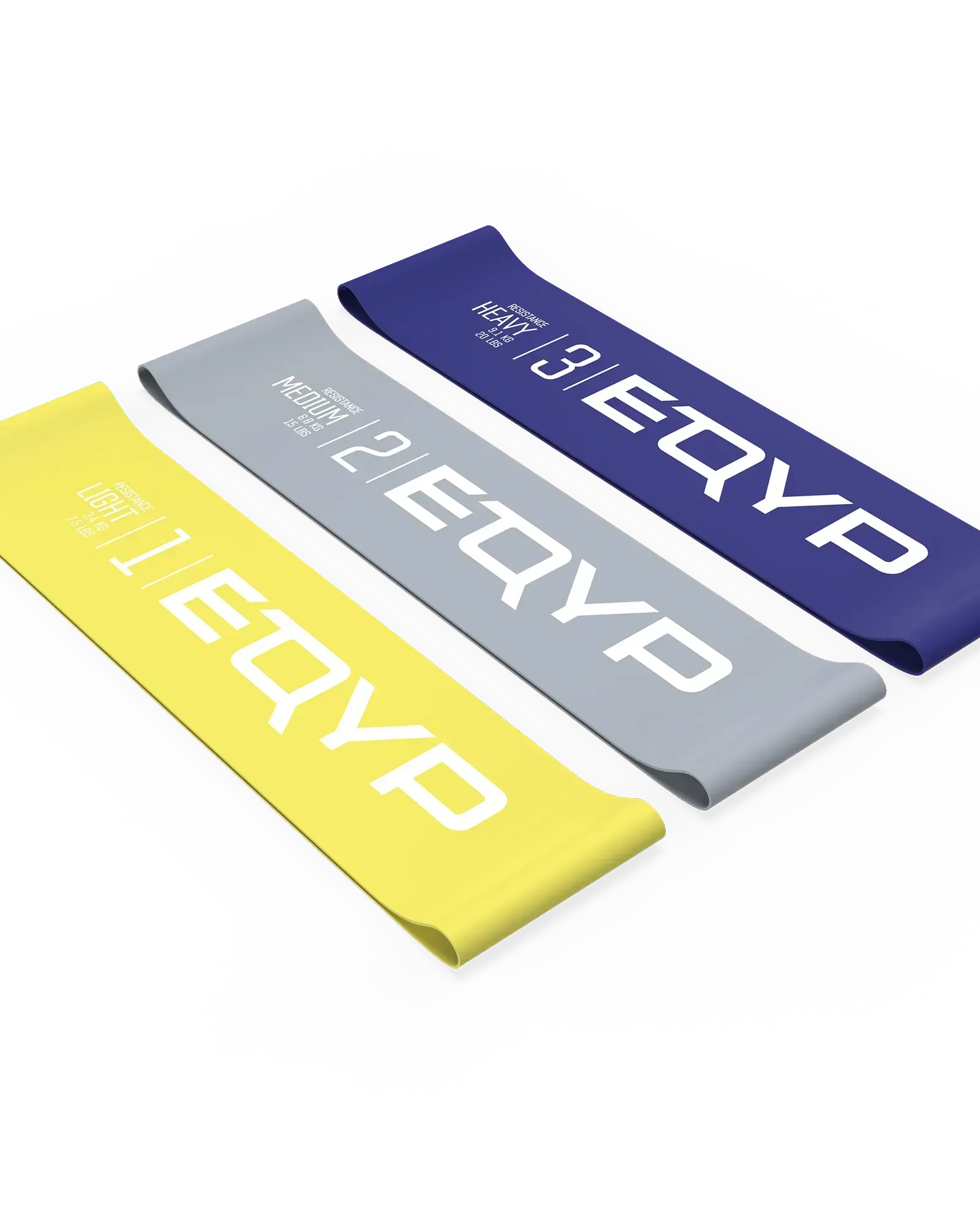 EQYP Advanced Power Loops 3-Pack showing Light yellow, Medium gray, and Heavy purple latex resistance bands labeled 1, 2, and 3