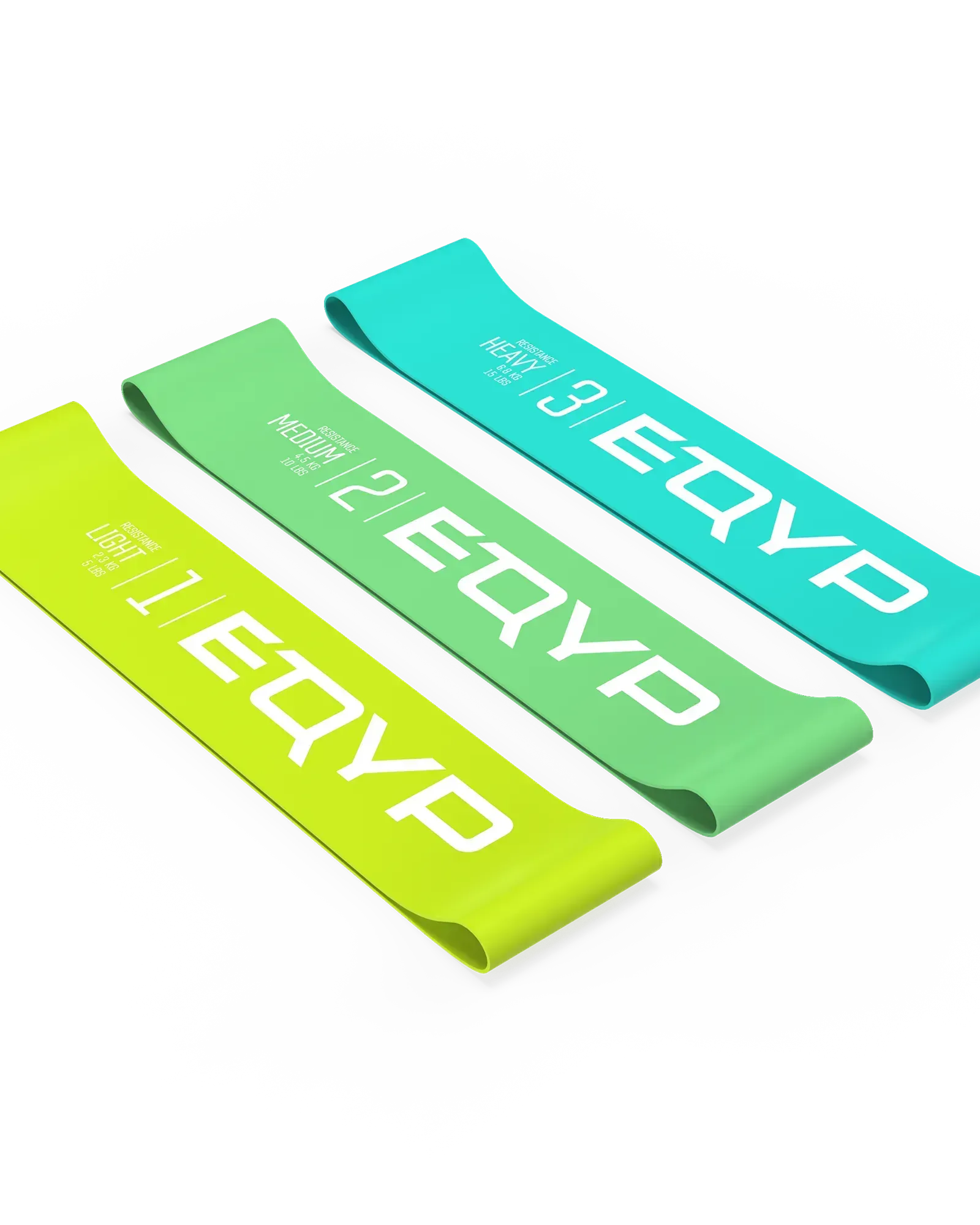 EQYP Power Loops 3-Pack showing Light yellow-green, Medium green, and Heavy teal latex resistance bands labeled 1, 2, and 3