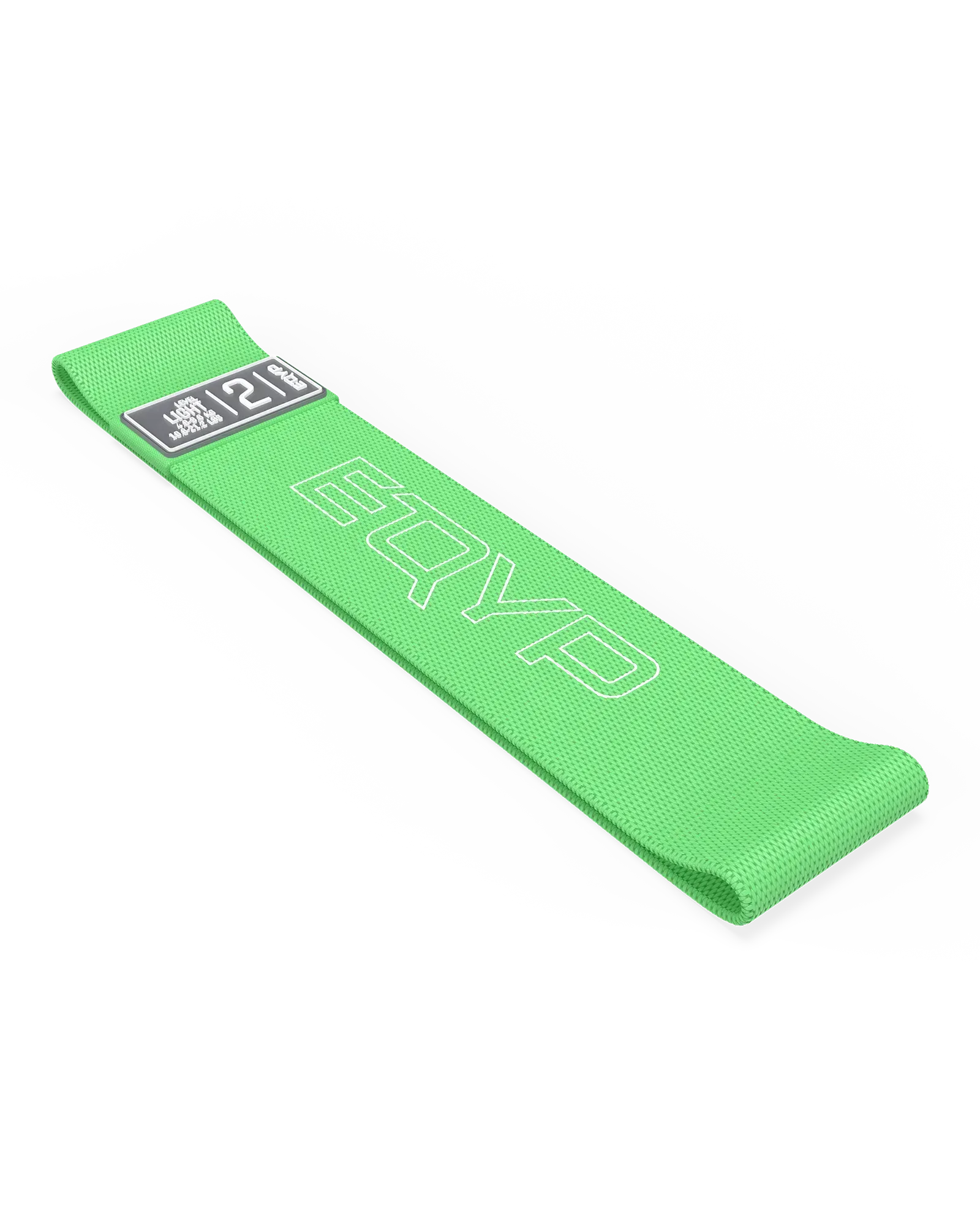 EQYP green elastic wide squat band folded flat, labeled Light, 4.8–9.6 KG / 10.6–21.2 LBS, Level 2