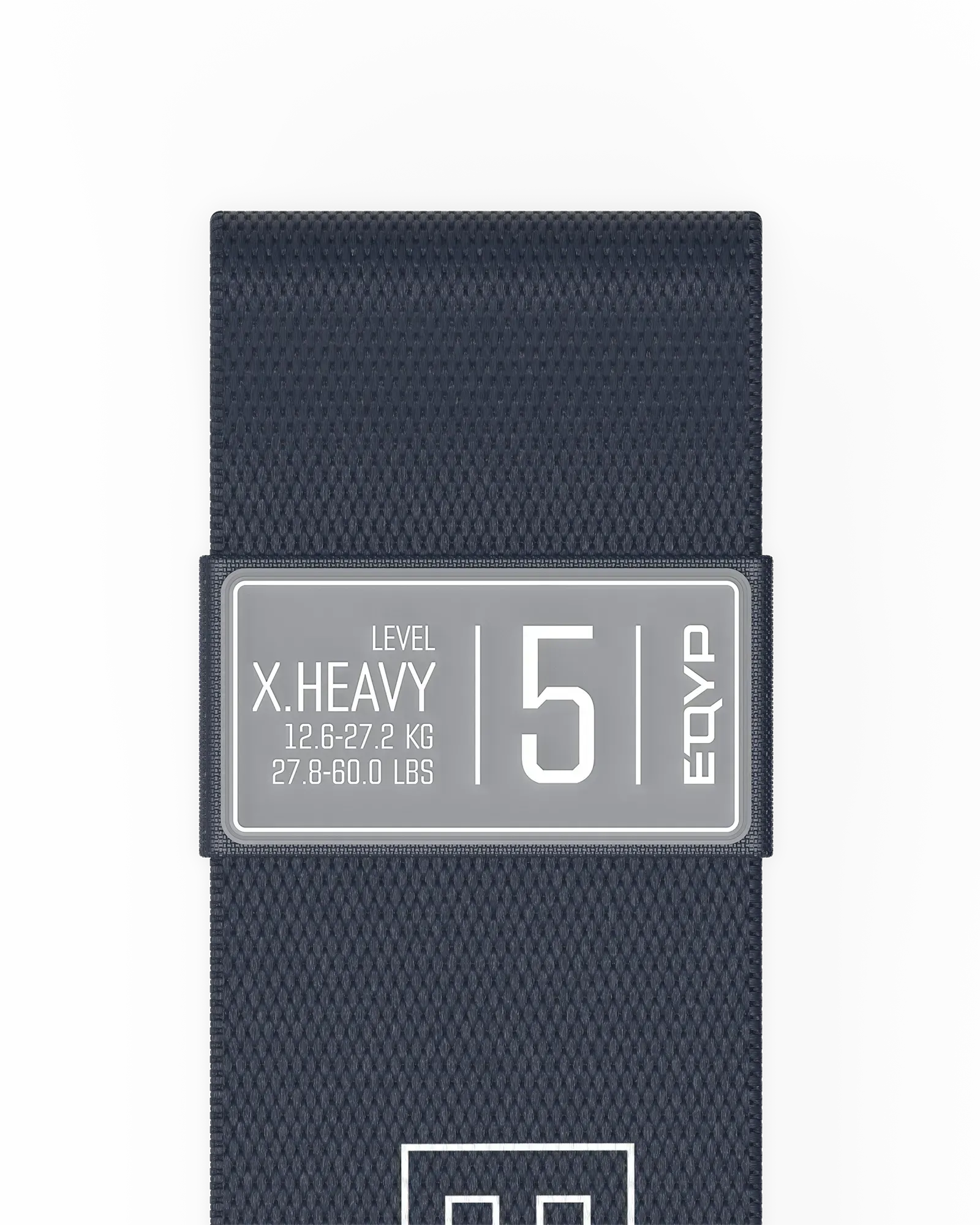 EQYP navy blue elastic wide squat band detail showing X.Heavy, 12.6–27.2 KG / 27.8–60.0 LBS, Level 5
