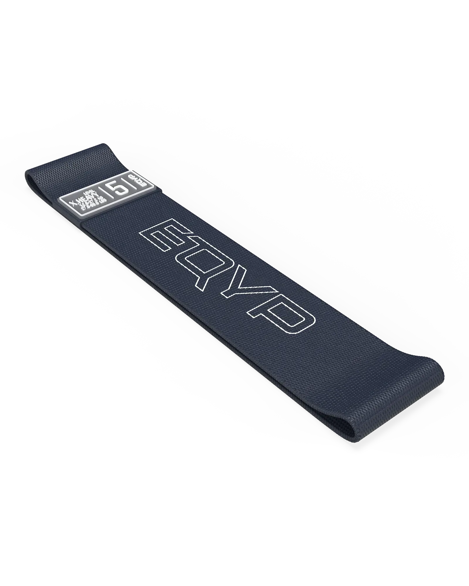 EQYP navy blue latex-free elastic wide squat band folded flat, labeled X.Heavy, 12.6–27.2 KG / 27.8–60.0 LBS, Level 5
