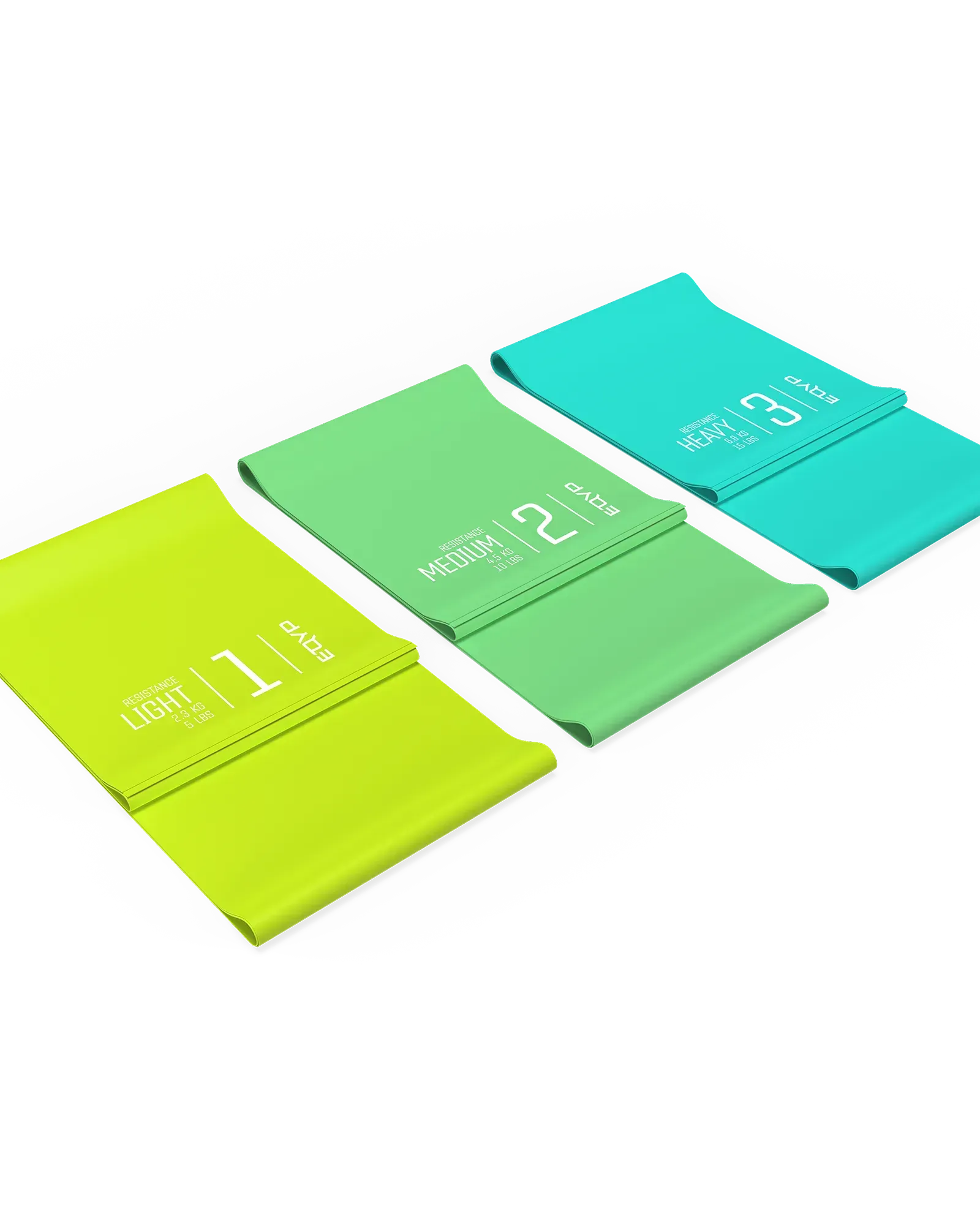 Three resistance bands in green, yellow, and blue on a white background