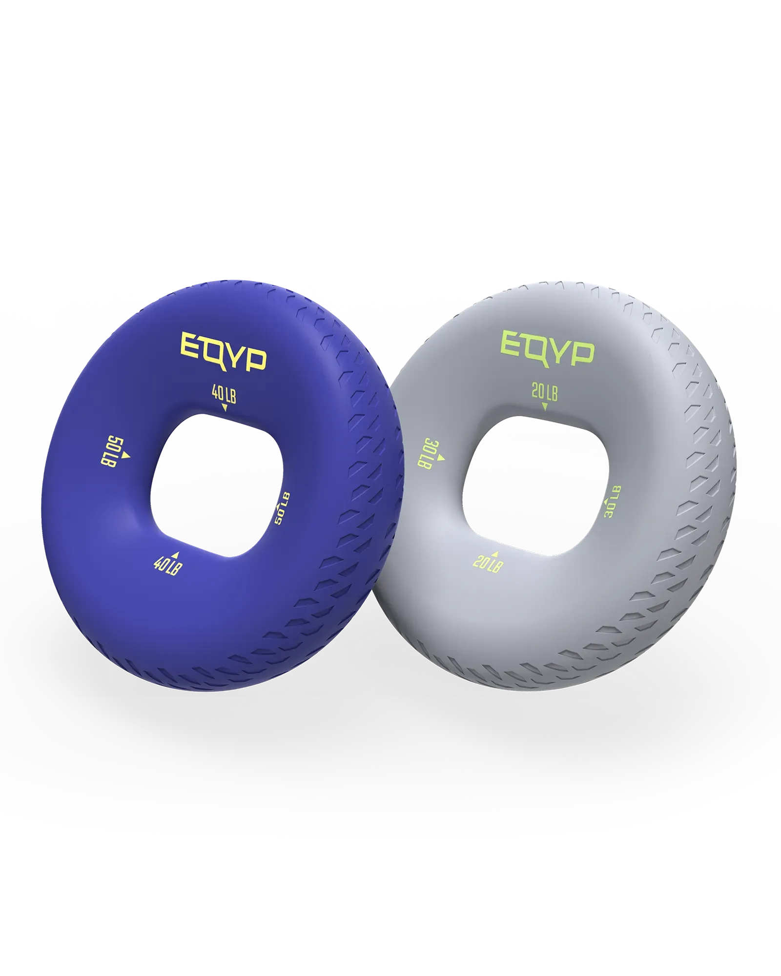 Two donut-shaped grips, one purple and one gray, with 'EQYP' branding on a white background.