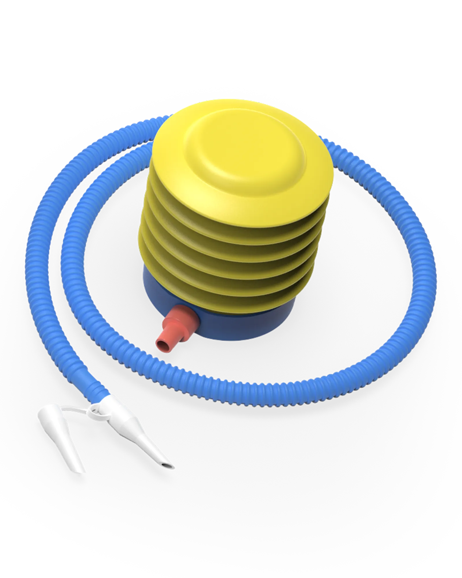 EQYP Pro Stability Ball foot pump with yellow bellows, blue hose, and white inflation needle attachment