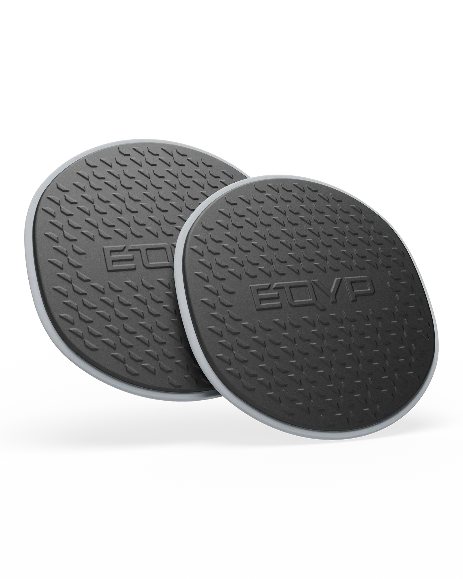Two EQYP Sliding Discs showing dark gray textured surface with embossed EQYP logo and gray edge rim