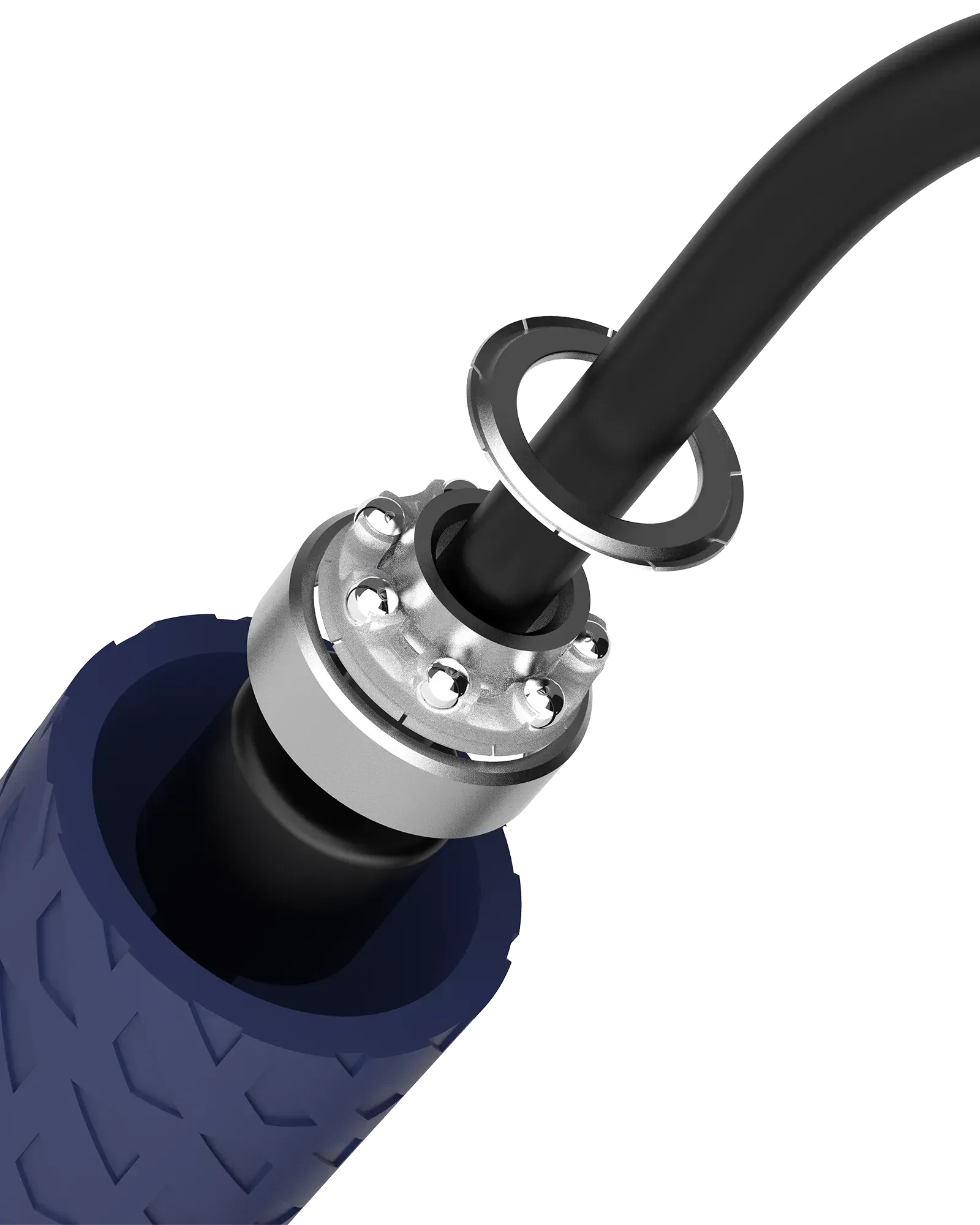 Close-up of EQYP Ropeless Weighted Jump Rope ball bearing mechanism and weighted ball cord connection point at handle