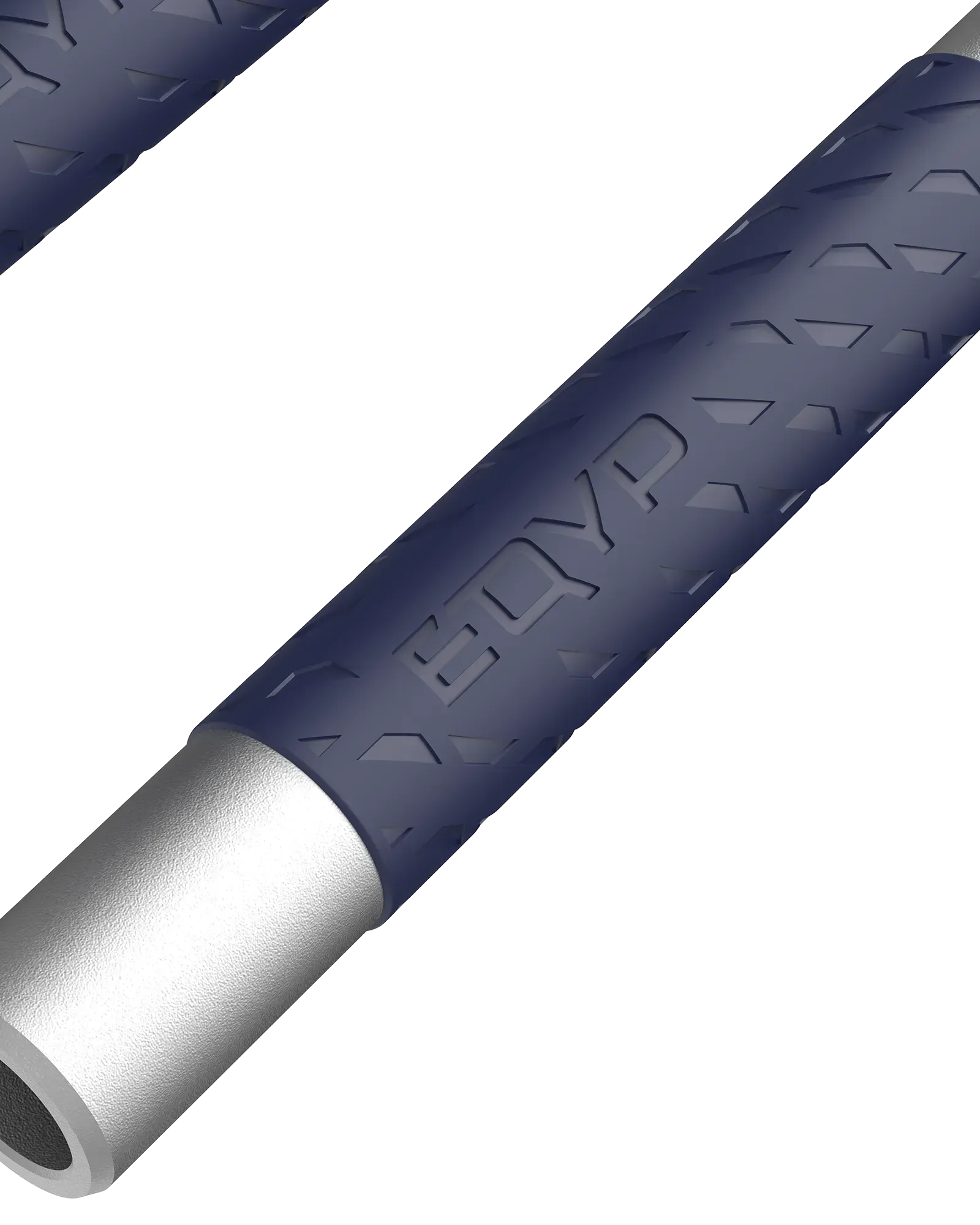 Close-up of EQYP Pro Cable Jump Rope navy blue TPU grip handle with aluminum end cap showing textured diamond pattern