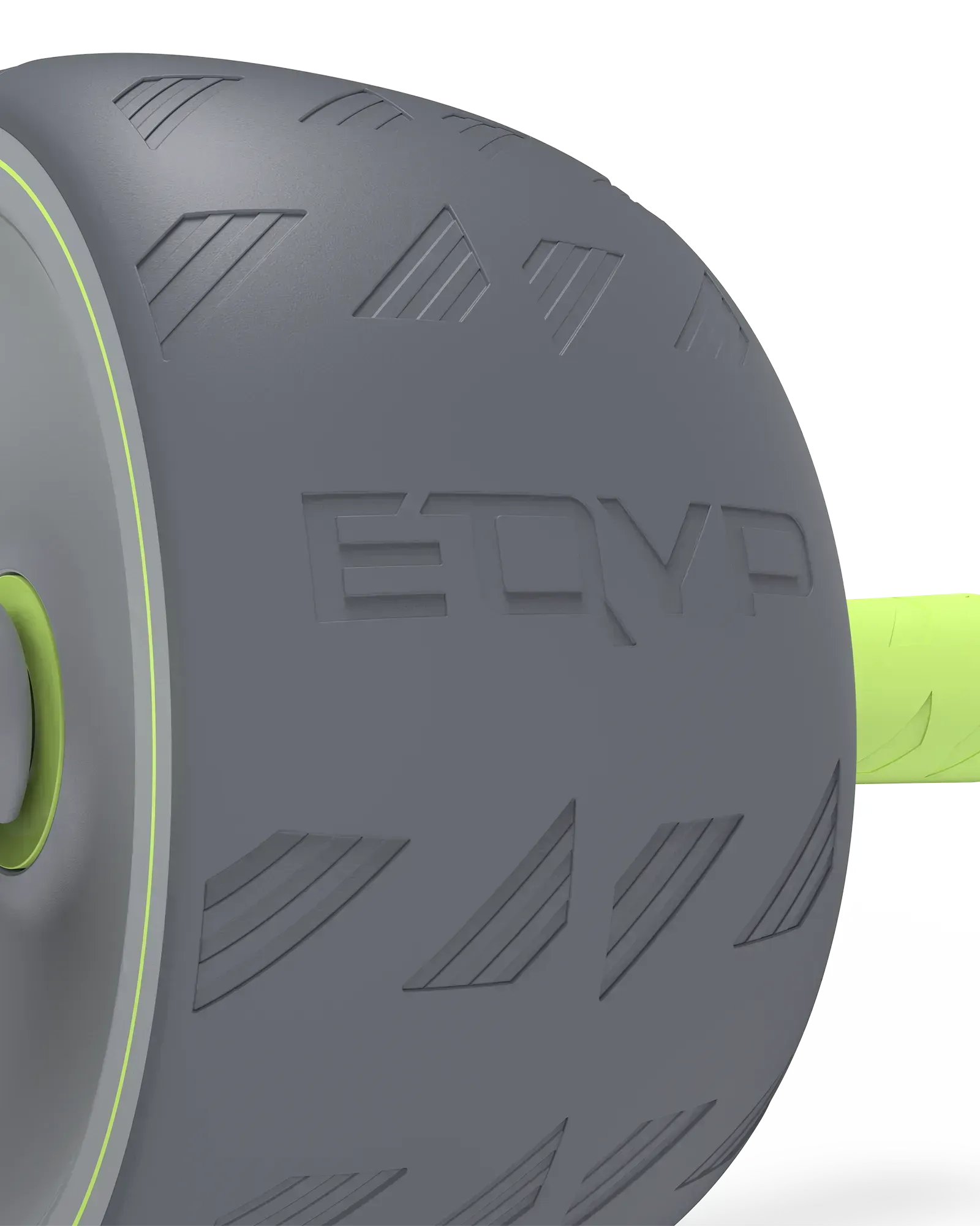 Close-up of EQYP Q-Tech Ab Wheel gray textured wheel surface showing embossed EQYP logo and chevron tread pattern with neon green handle