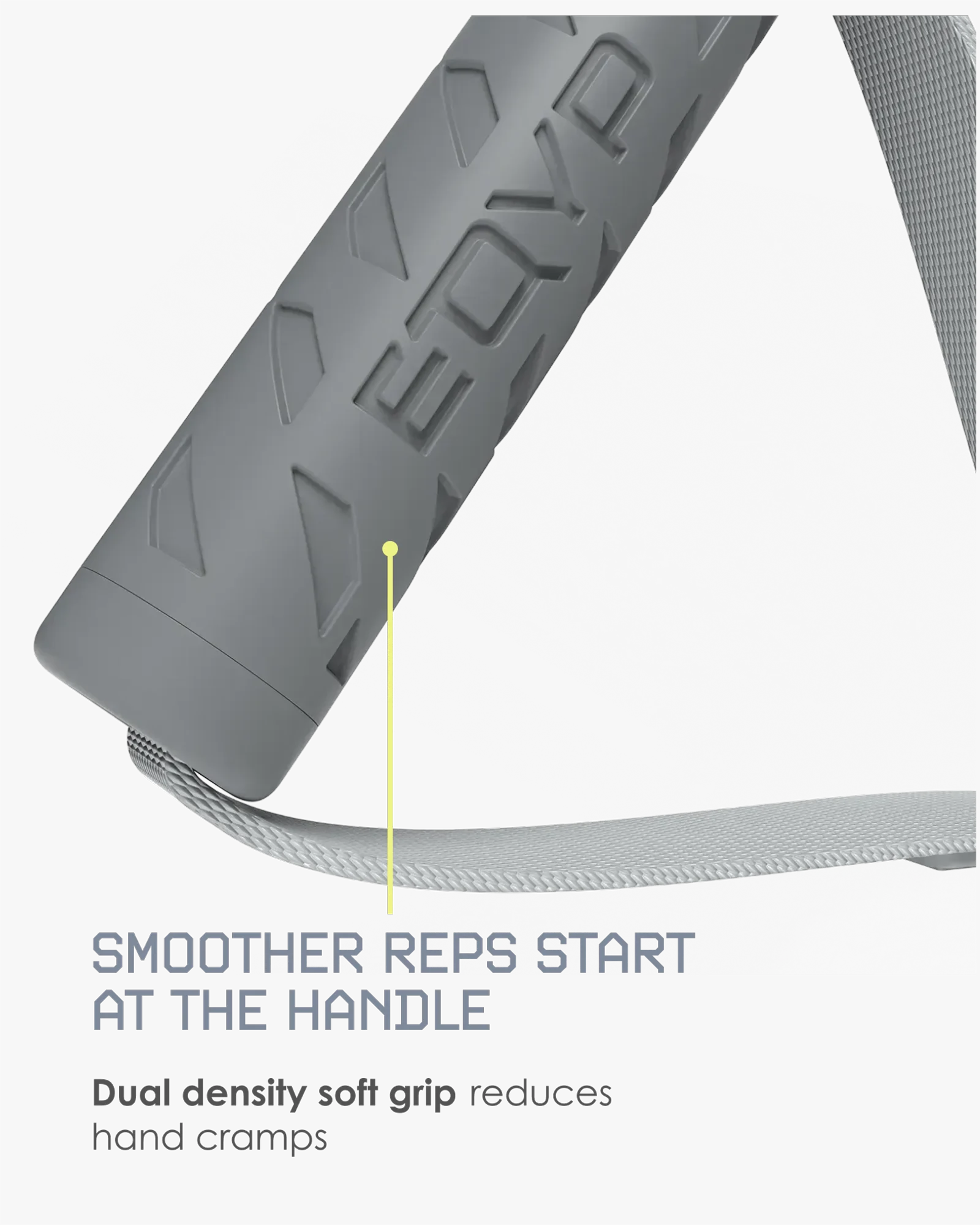 Close-up of a gray textured handlebar grip with embossed branding and a light gray cable running beneath it, on a white background with marketing text about a smoother reps start at the handle.