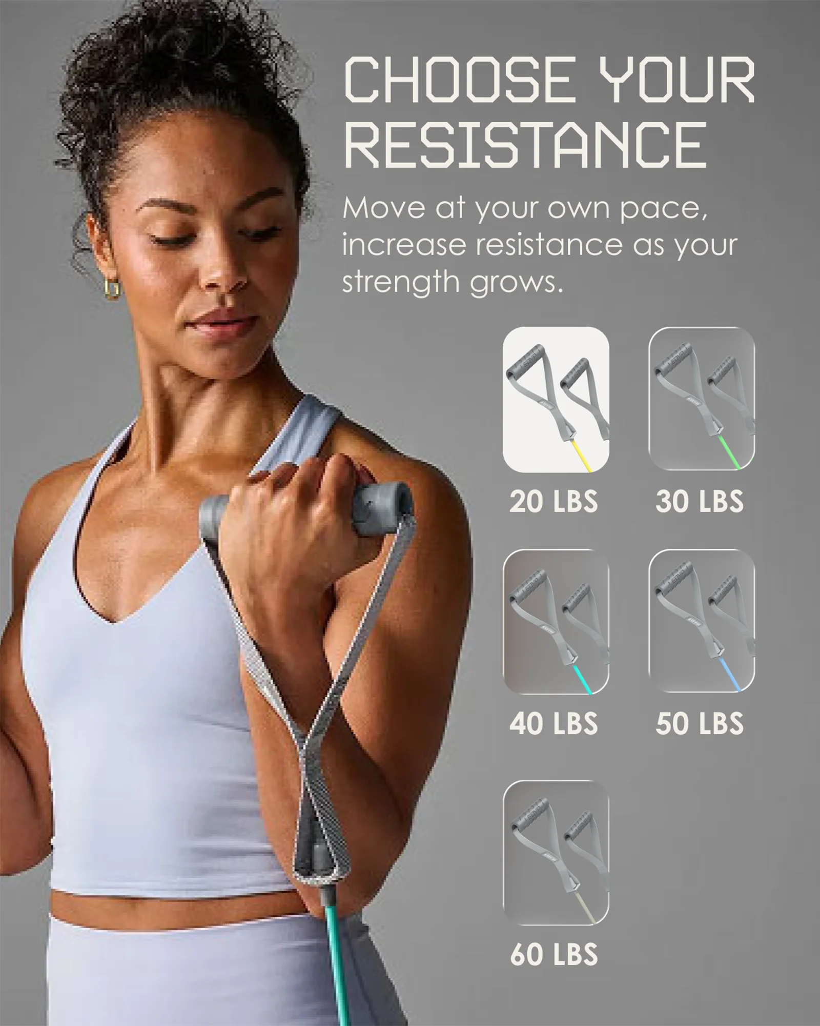 EQYP resistance band selection guide with the 20 lb resistance option highlighted.
