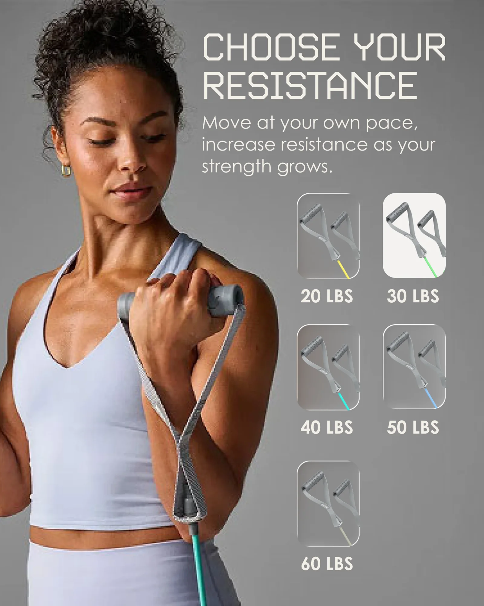 EQYP resistance band selection guide with the 30 lb resistance option highlighted.