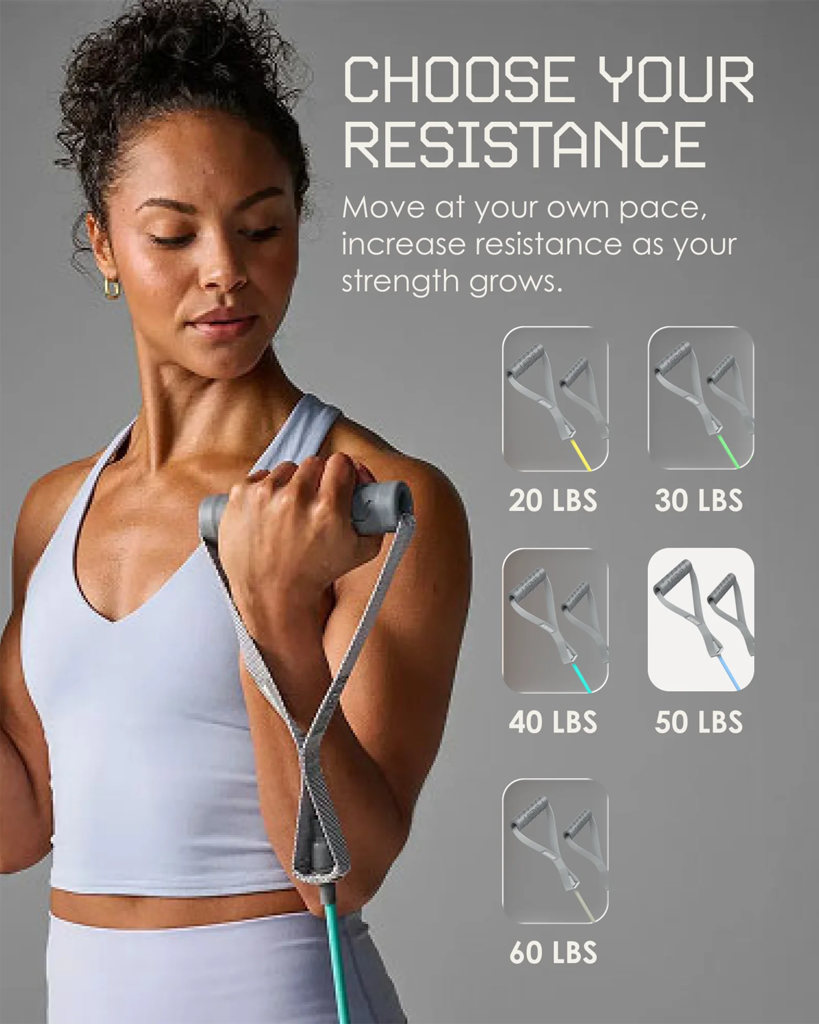 EQYP resistance band selection guide with the 50 lb resistance option highlighted.