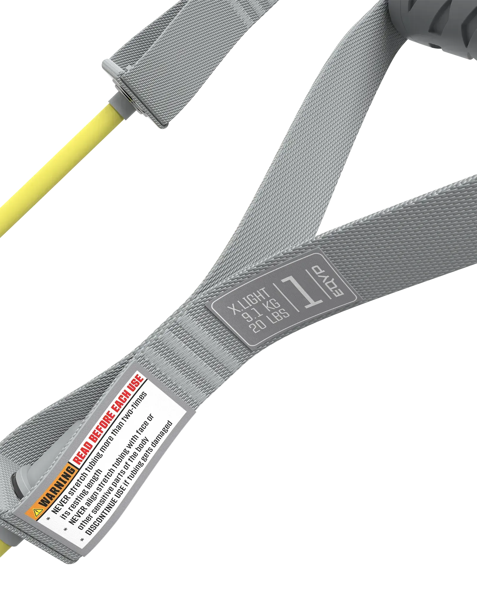 EQYP Power Tubes with Handles close-up showing strap label — X.Light, 9.1 KG / 20 LBS, Level 1