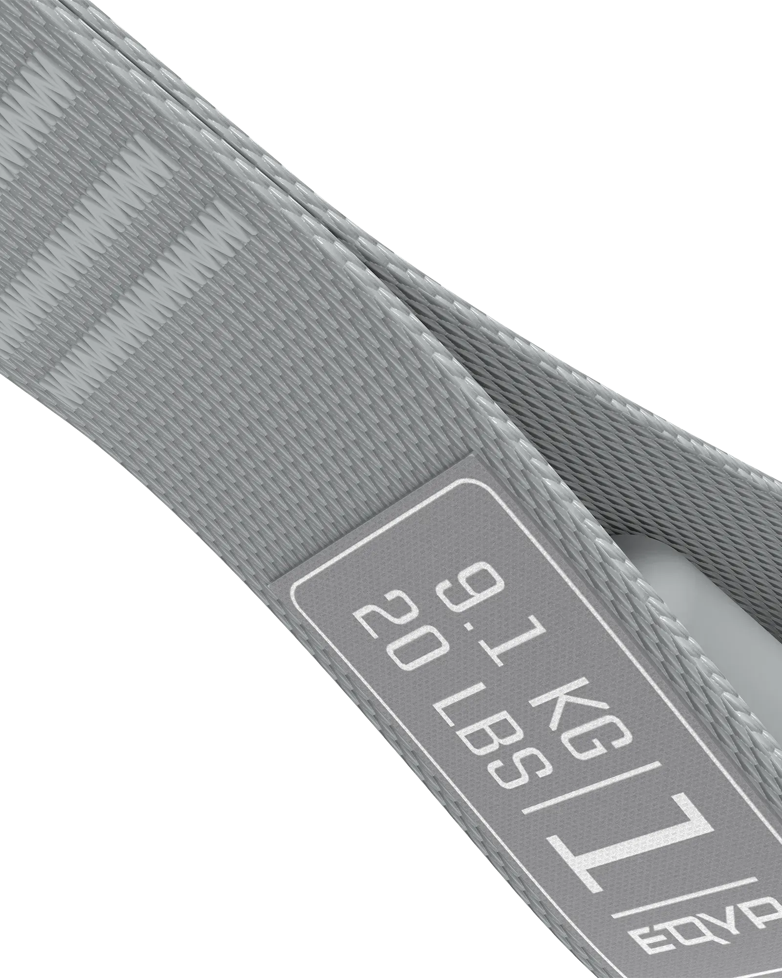EQYP Power Tube close-up showing woven gray strap texture and label detail reading 9.1 KG / 20 LBS, Level 1