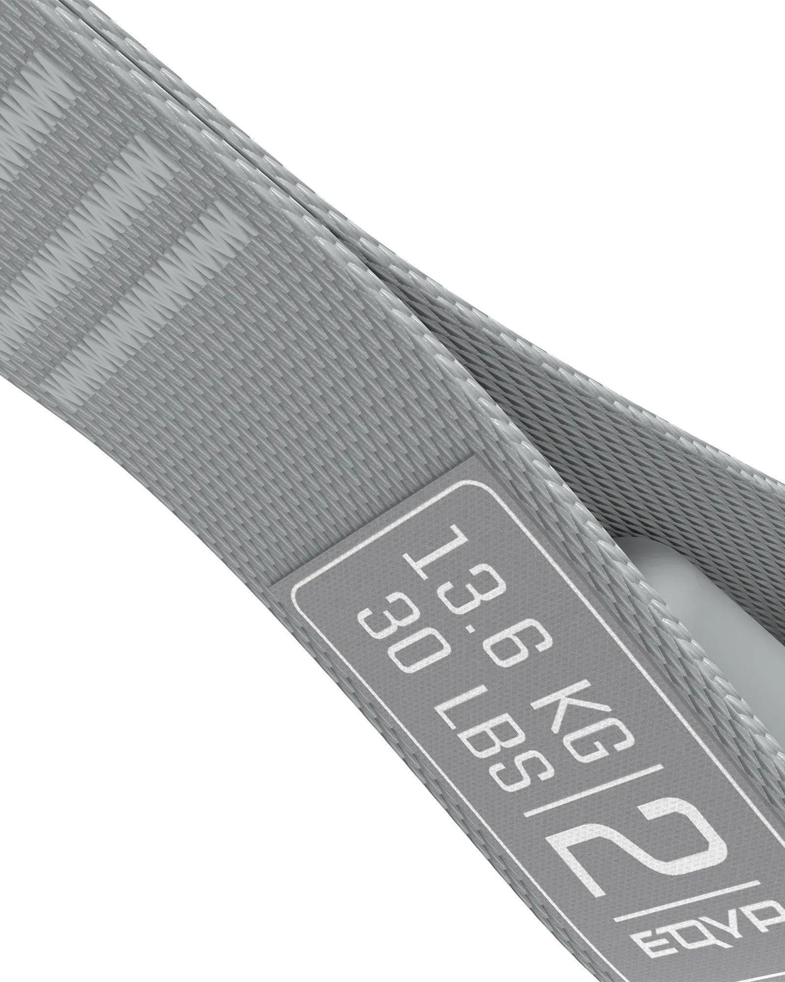 EQYP Power Tube close-up showing woven gray strap texture and label detail reading 13.6 KG / 30 LBS, Level 2