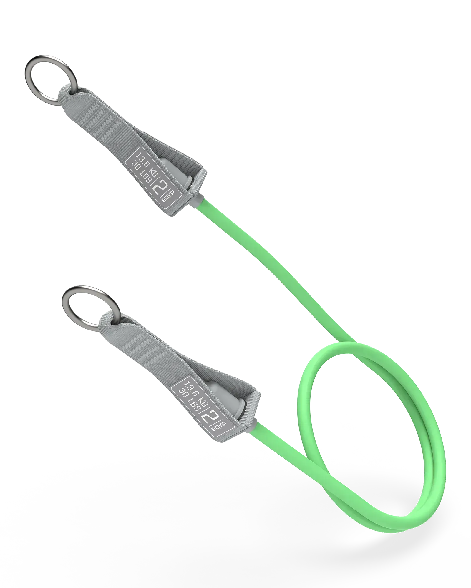 EQYP green Power Tube 30 lbs with gray woven connector and stainless steel ring clip, labeled 13.6 KG / 30 LBS, Level 2