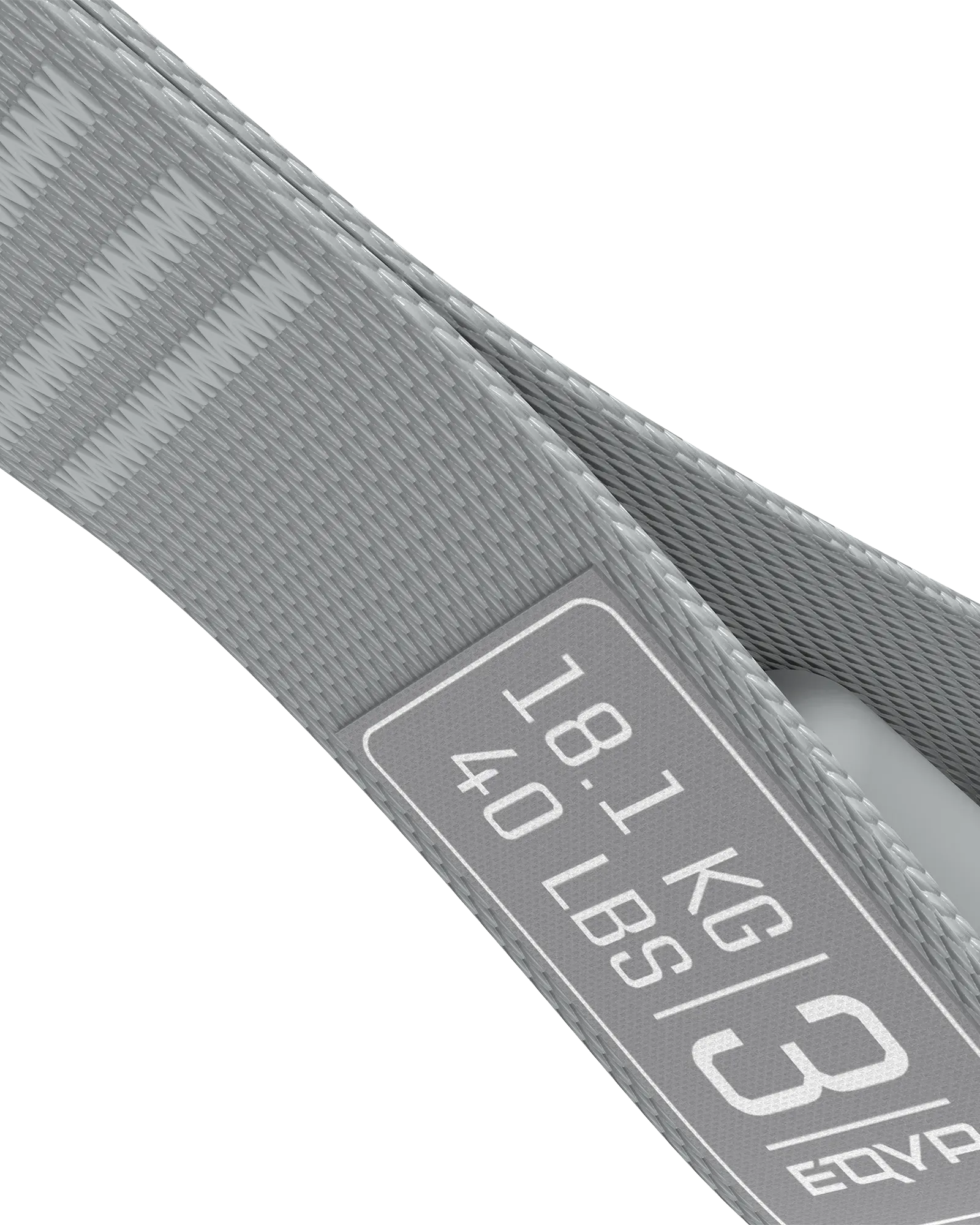 EQYP Power Tube close-up showing woven gray strap texture and label detail reading 18.1 KG / 40 LBS, Level 3