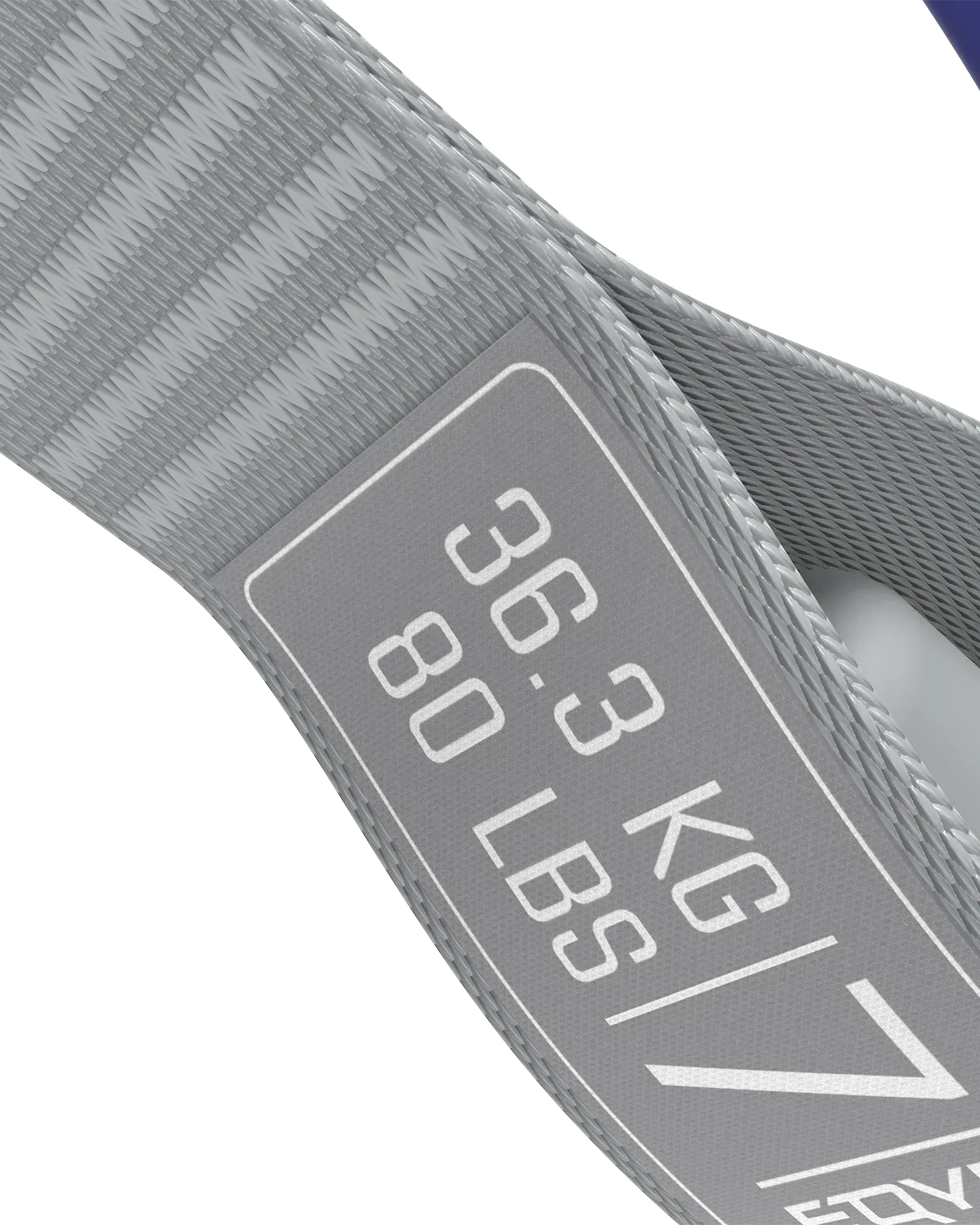 EQYP Power Tube close-up showing woven gray strap texture and label detail reading 36.3 KG / 80 LBS, Level 7