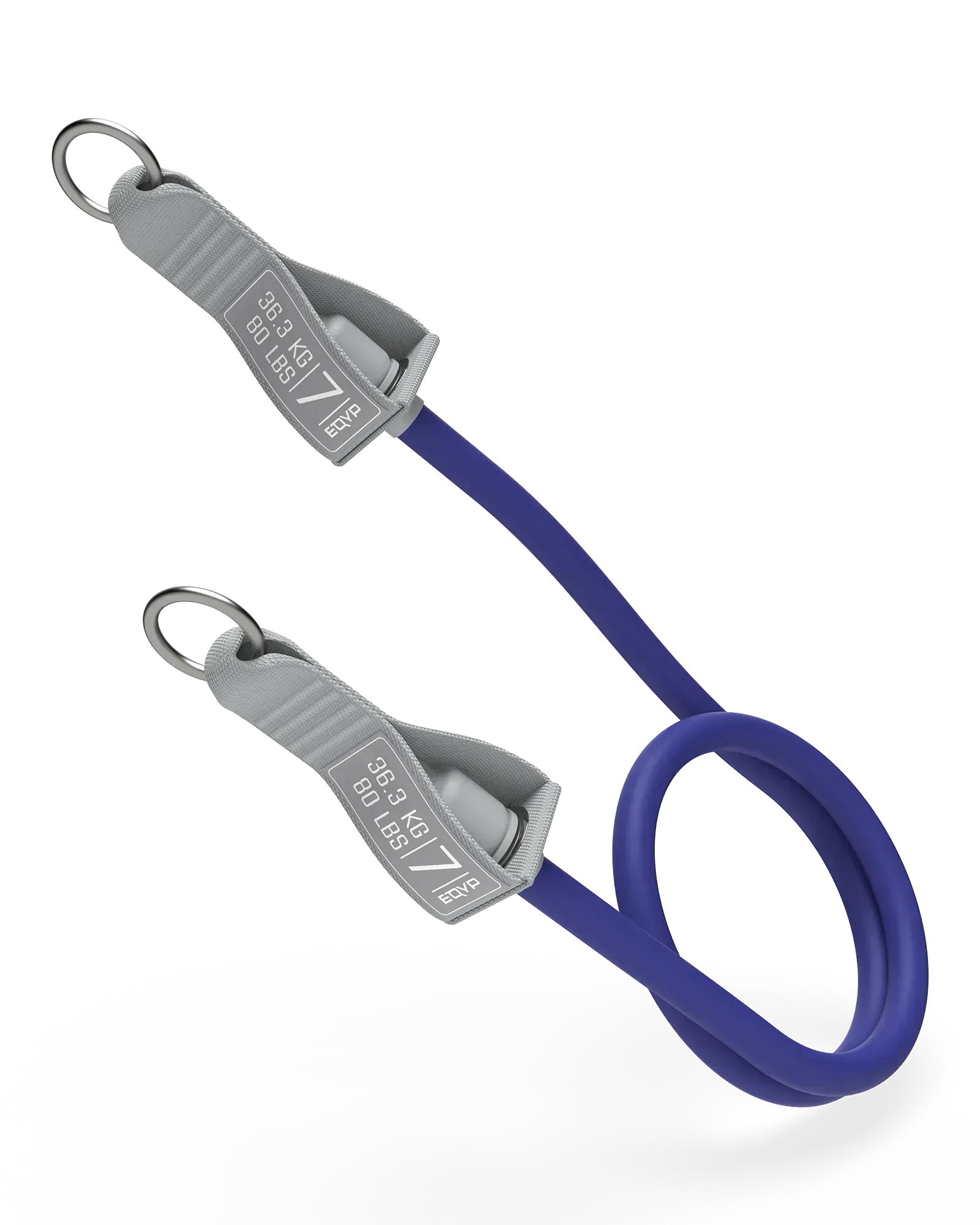 EQYP navy blue Power Tube 80 lbs with gray woven connector and stainless steel ring clip, labeled 36.3 KG / 80 LBS, Level 7