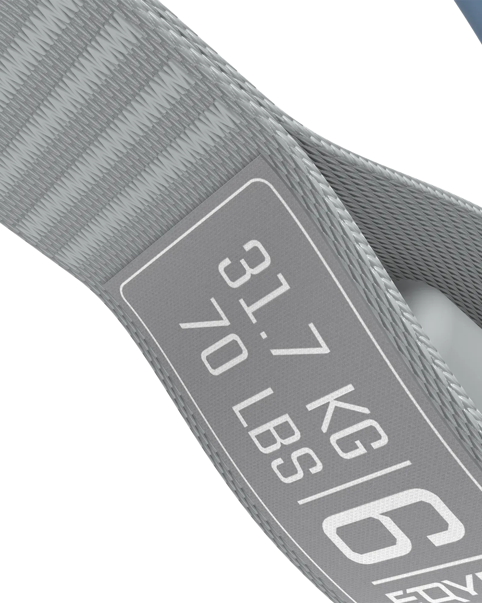 EQYP Power Tube close-up showing woven gray strap texture and label detail reading 31.7 KG / 70 LBS, Level 6