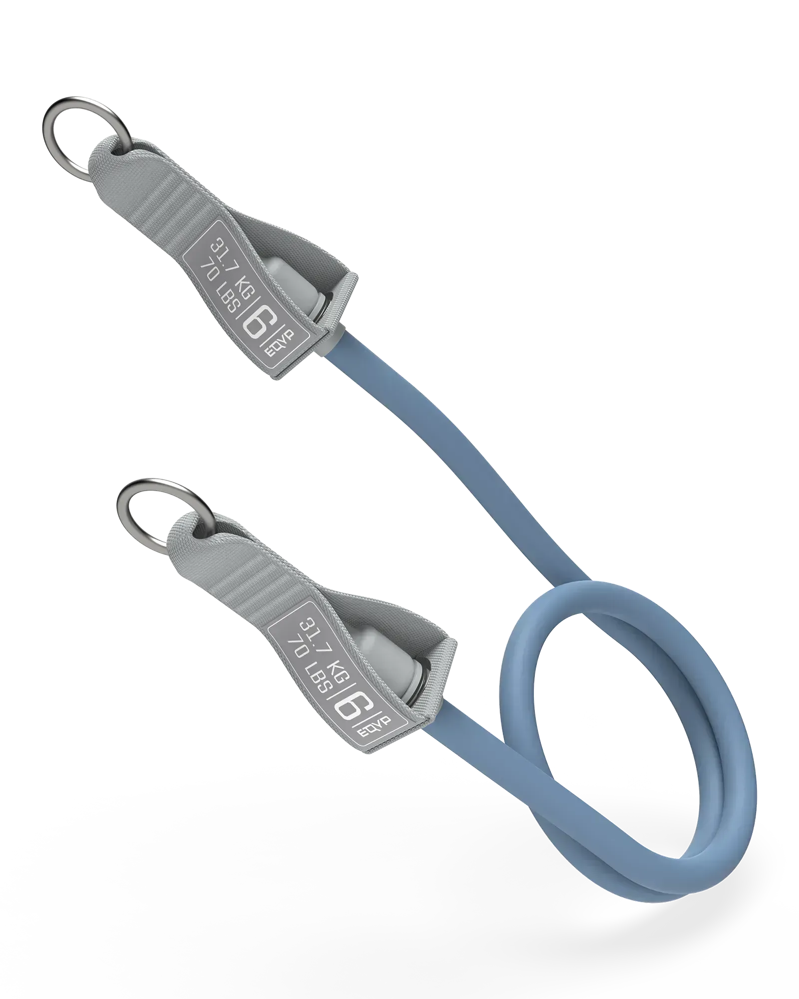 EQYP blue Power Tube 70 lbs with gray woven connector and stainless steel ring clip, labeled 31.7 KG / 70 LBS, Level 6