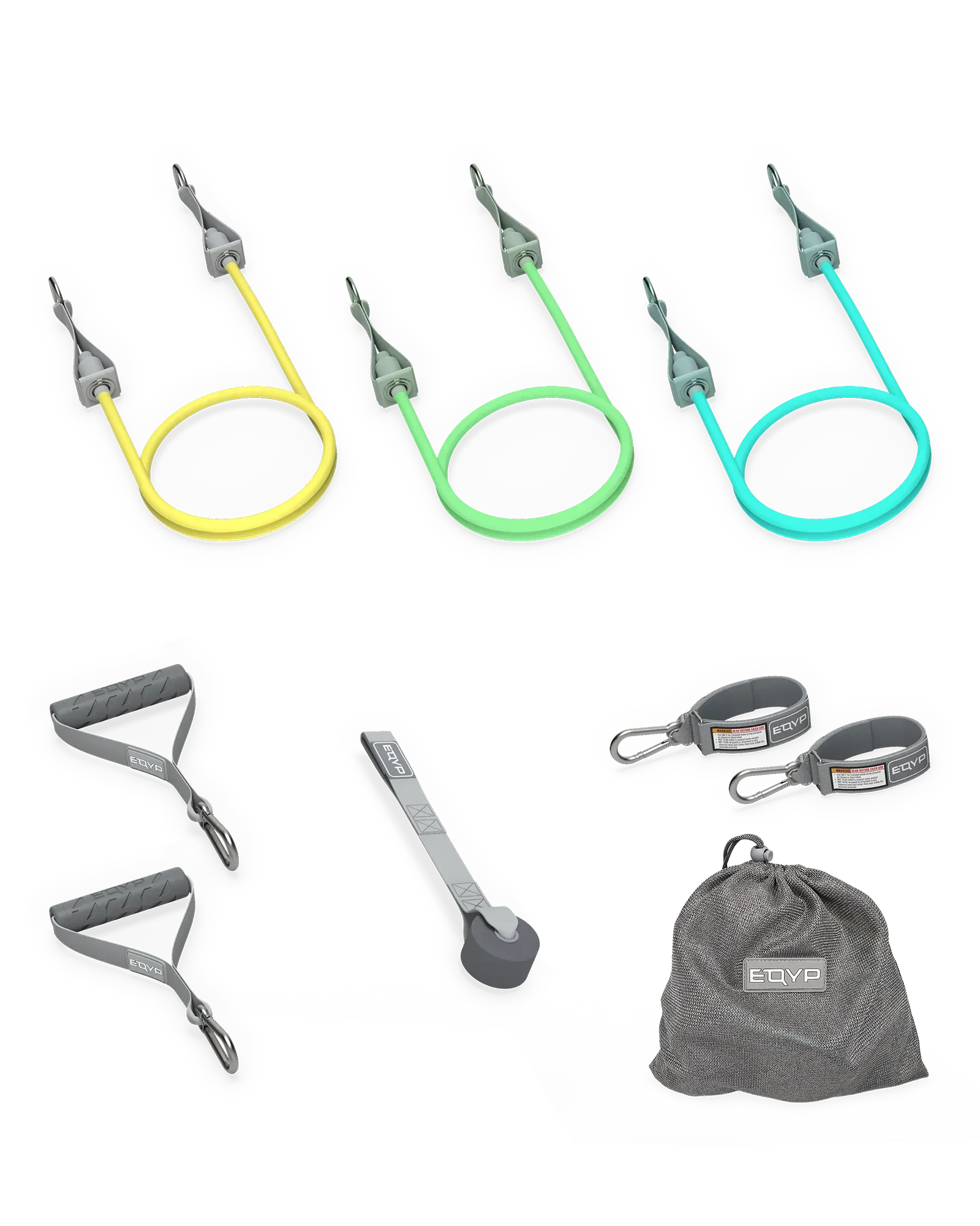 EQYP Power 3 Strength Kit showing three resistance tubes in yellow, green, and teal, handles, door anchor, ankle straps, and mesh carry bag