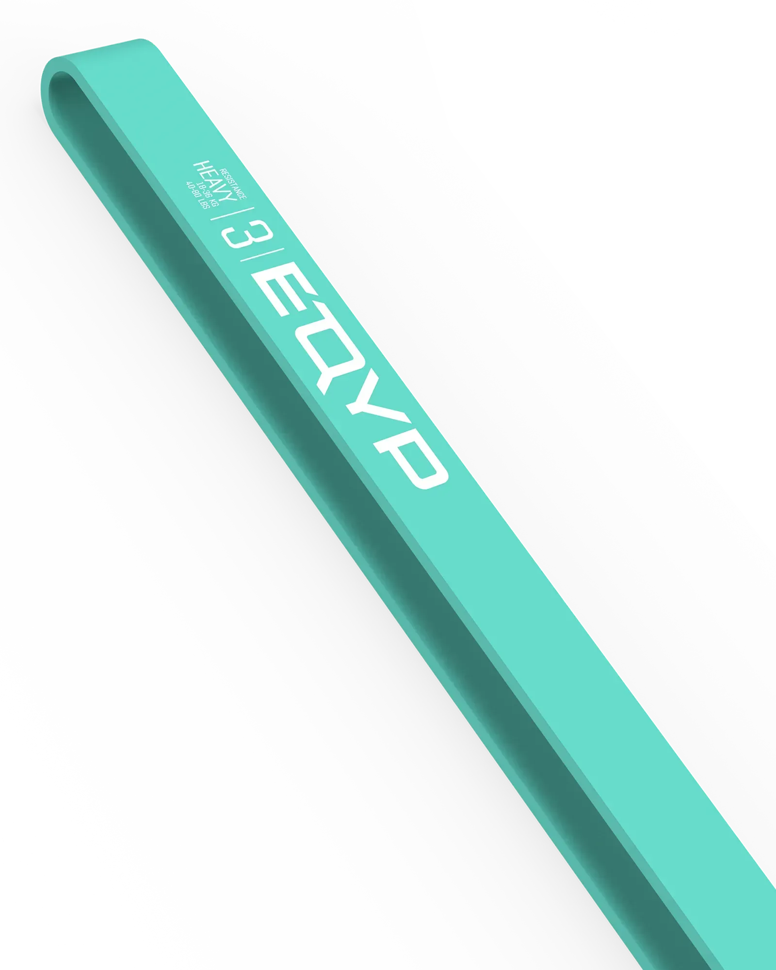 Closeup of EQYP teal elastic wide super band folded flat, labeled Heavy, 18–36 KG / 40–80 LBS, Level 3 Super Bands 40-80 lbs resistance exercise loop