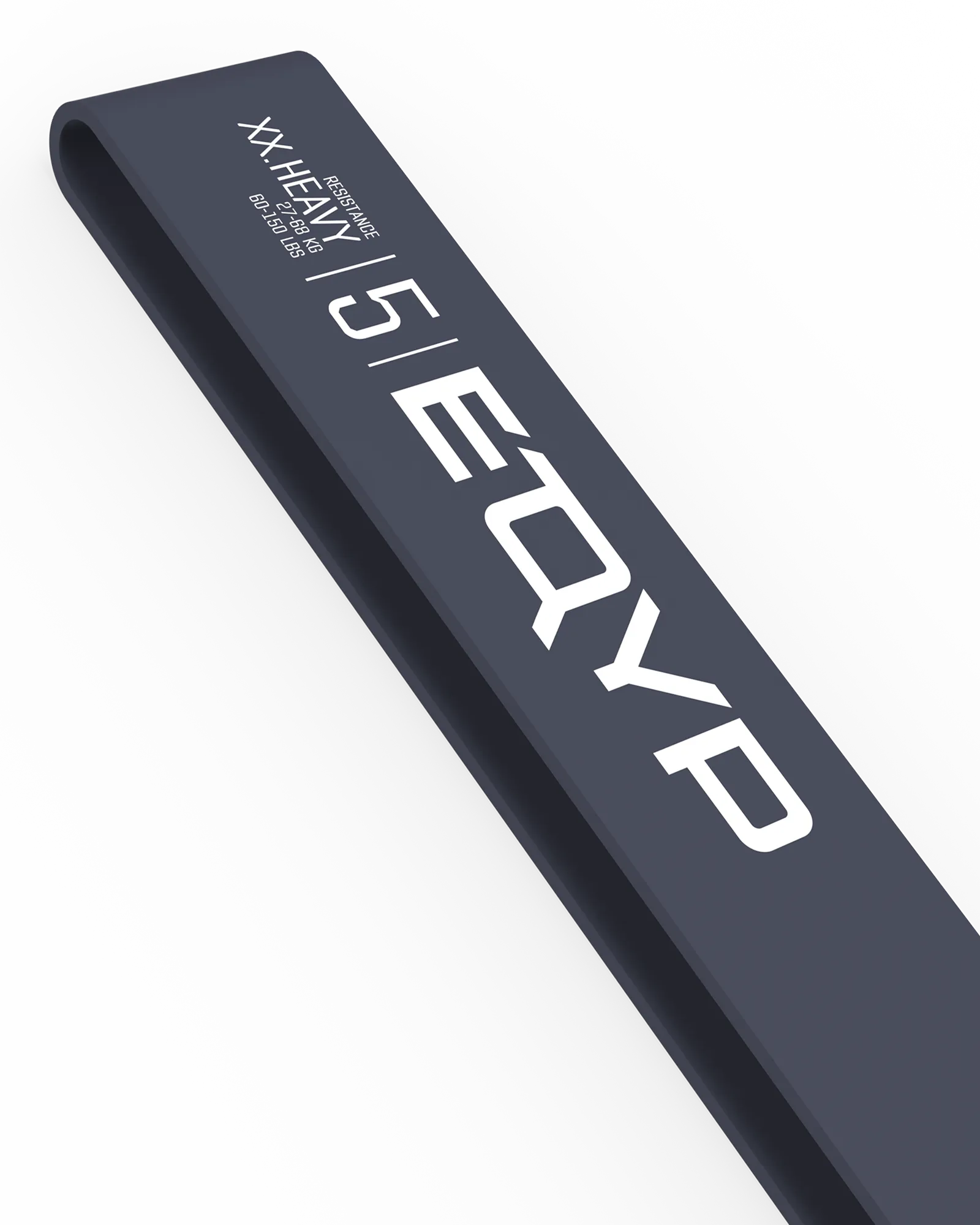 Closeup of EQYP dark gray elastic wide super band folded flat, labeled XX.Heavy, 27–68 KG / 60–150 LBS, Level 5 Super Bands 60-150 lbs resistance exercise loop