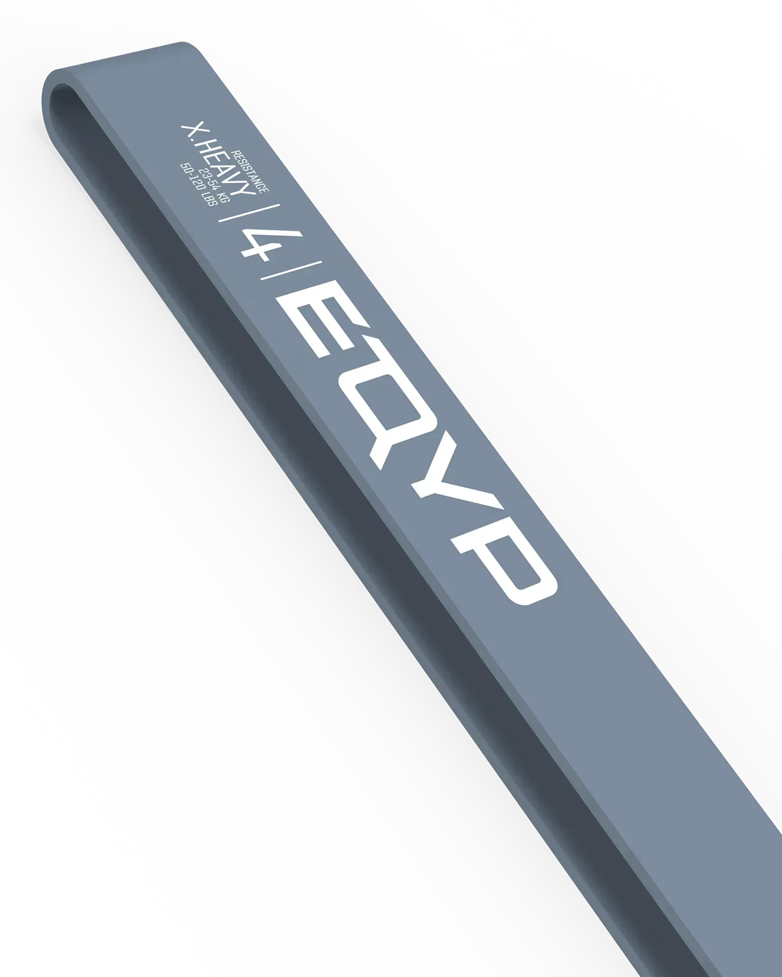 Closeup of EQYP light gray elastic wide super band folded flat, labeled X.Heavy, 23–54 KG / 50–120 LBS, Level 4 Super Bands 50-120 lbs resistance exercise loop