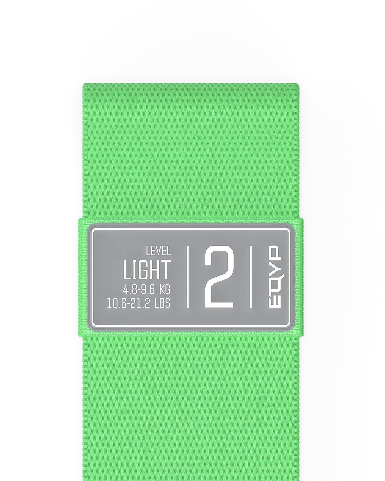 EQYP green elastic wide squat band detail showing Light, 4.8–9.6 KG / 10.6–21.2 LBS, Level 2