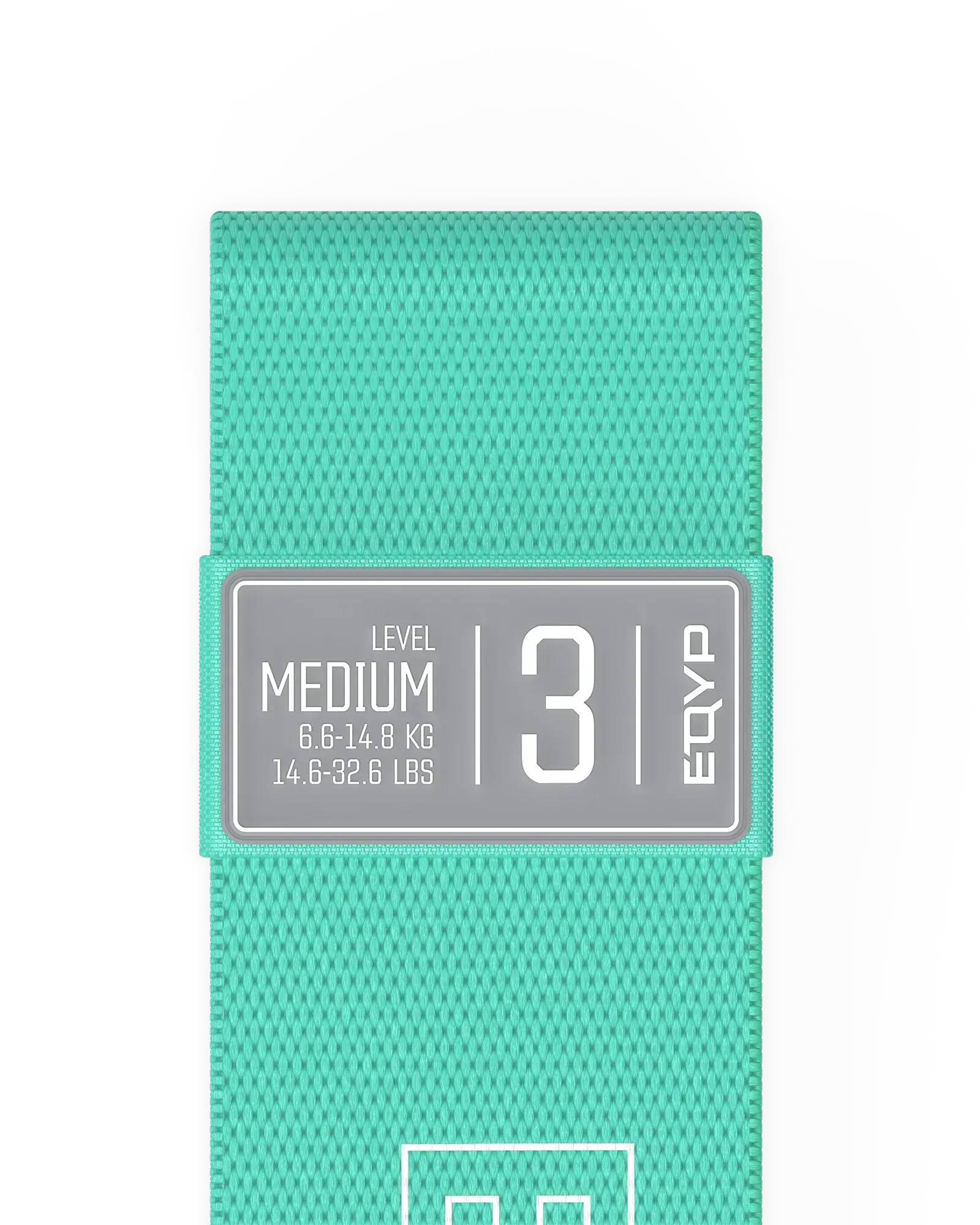 EQYP teal elastic wide squat band detail showing Medium, 6.6–14.8 KG / 14.6–32.6 LBS, Level 3