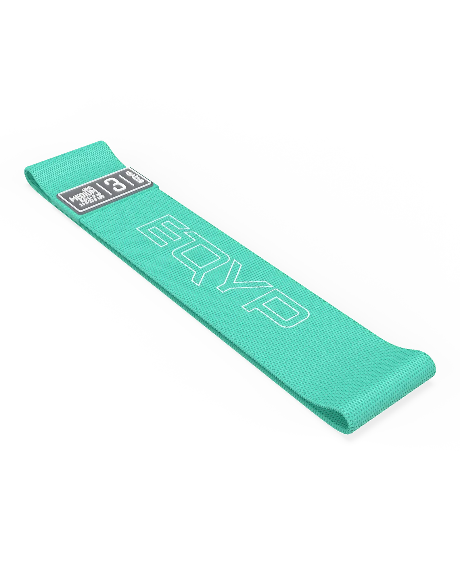 EQYP teal elastic wide squat band folded flat, labeled Medium, 6.6–14.8 KG / 14.6–32.6 LBS, Level 3