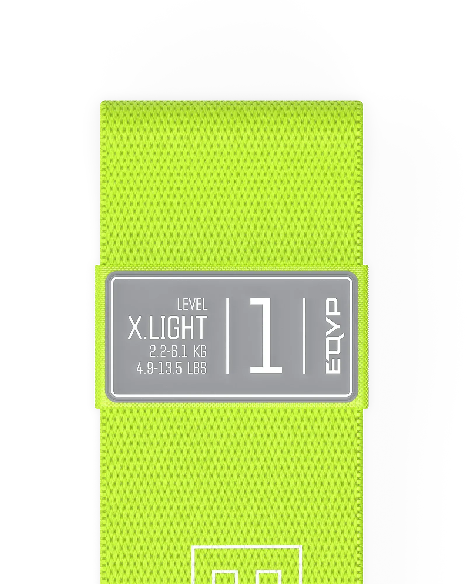 EQYP lime elastic wide squat band detail showing X.Light, 2.2–6.1 KG / 4.9–13.5 LBS, Level 1