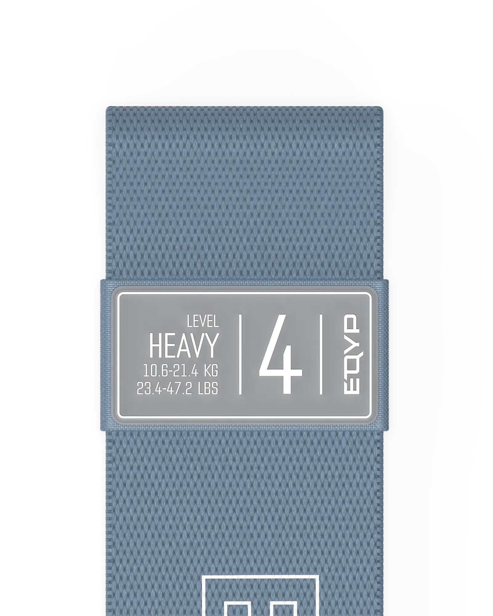 EQYP blue elastic wide squat band detail showing Heavy, 10.6–21.4 KG / 23.4–47.2 LBS, Level 4
