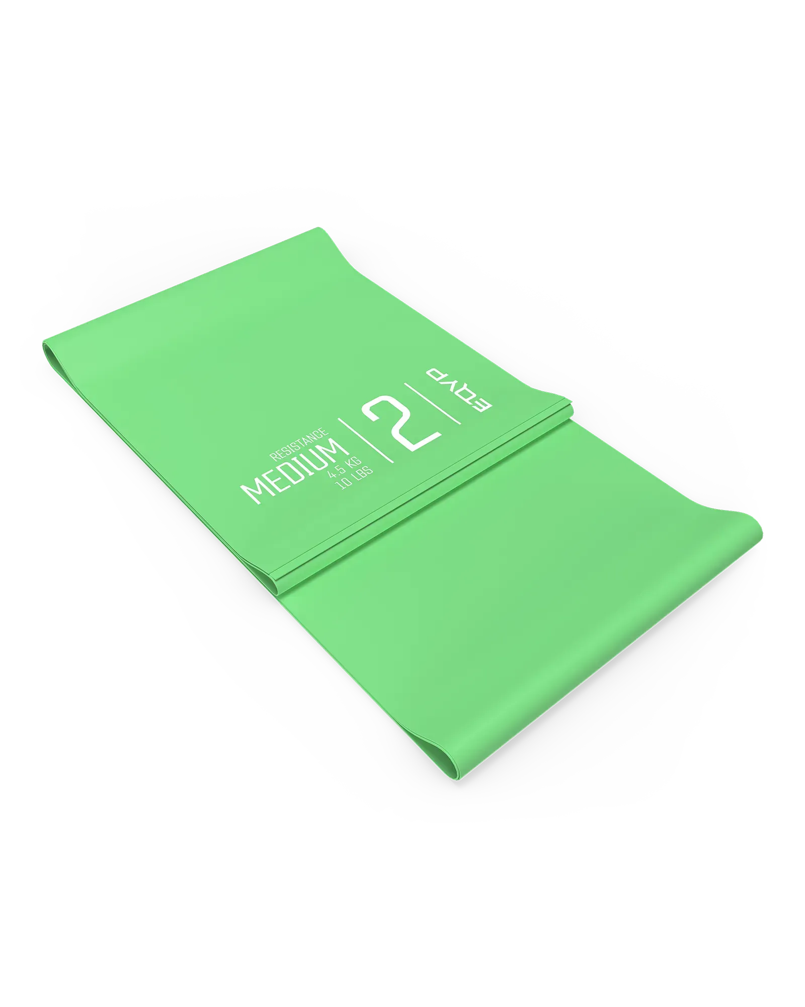 EQYP green latex-free flat resistance band folded flat, labeled Medium, 4.5 KG / 10 LBS, Level 2
