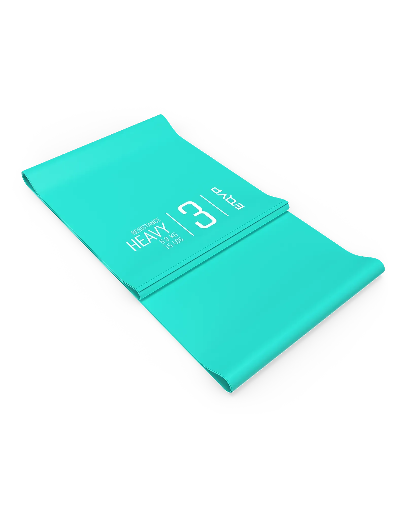 EQYP turquoise latex-free flat resistance band folded flat, labeled heavy, 6.8 KG / 15 LBS, Level 3