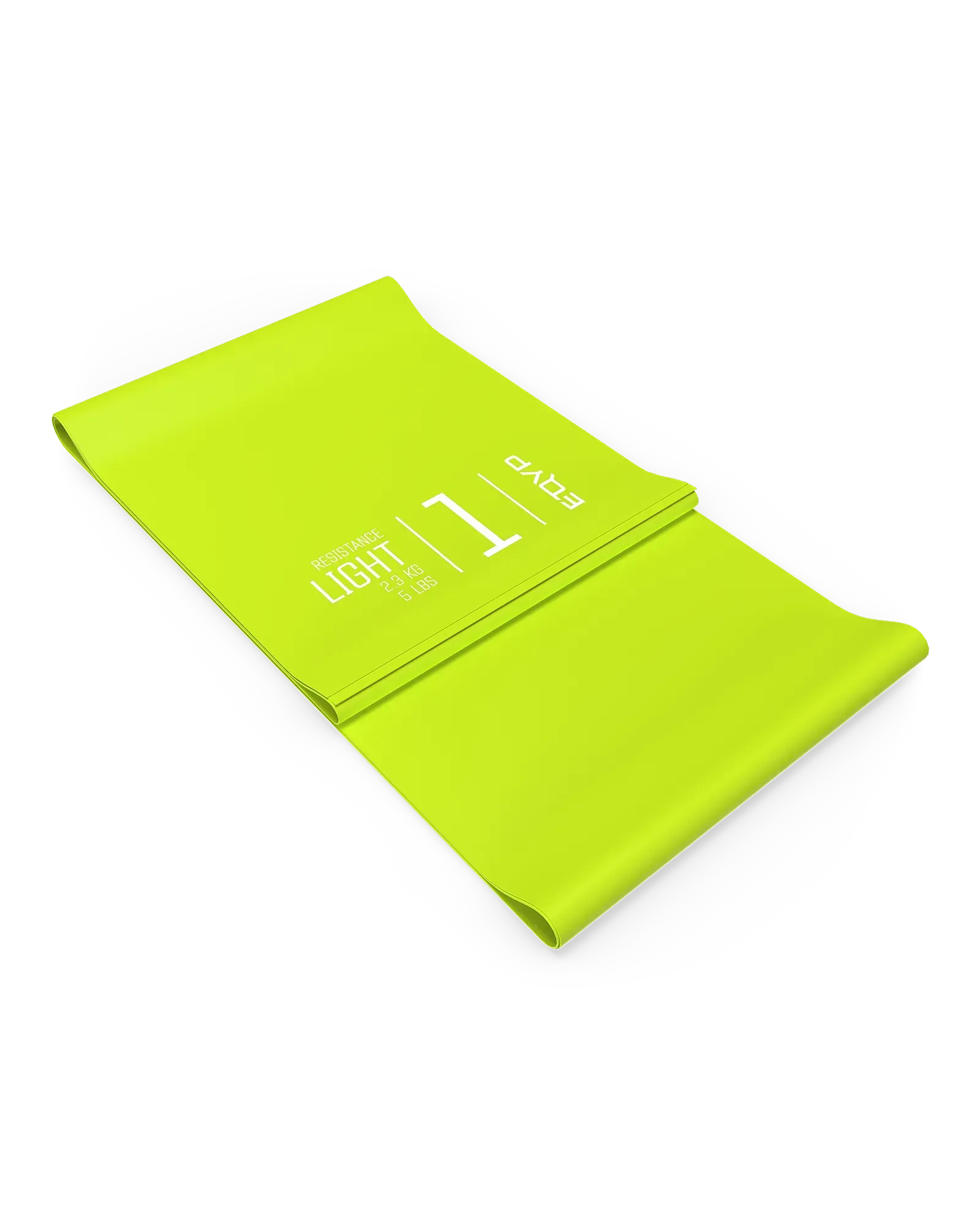 EQYP green latex-free flat resistance band folded flat, labeled Light, 2.3 KG / 5 LBS, Level 1